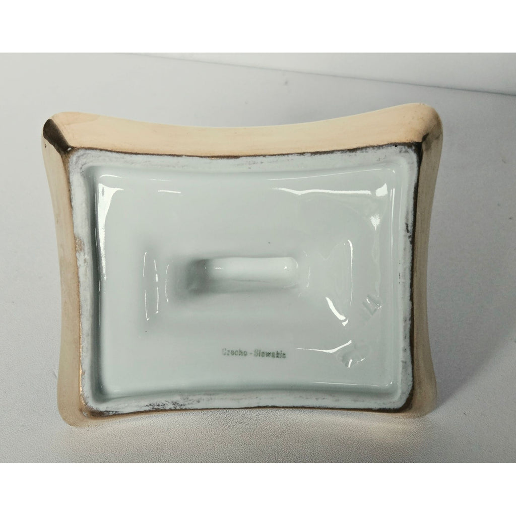 Vintage Rare 1950s Czech Art Deco Astray Black and Gold porcelain with matchbox holder 4" x 3"