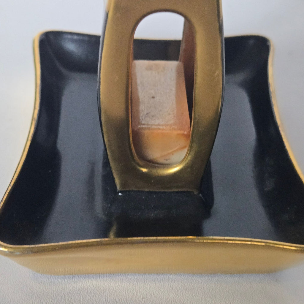 Vintage Rare 1950s Czech Art Deco Astray Black and Gold porcelain with matchbox holder 4" x 3"