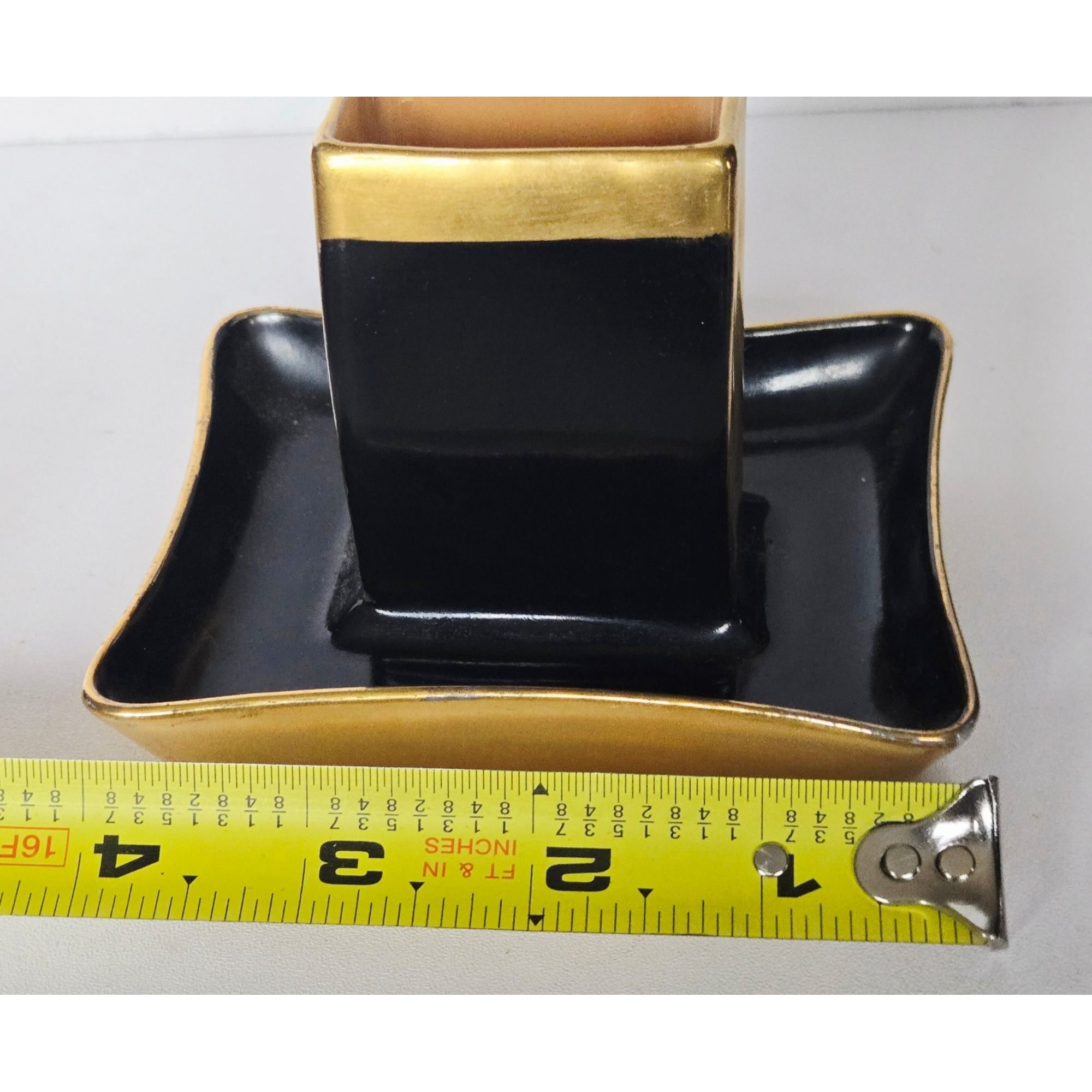 Vintage Rare 1950s Czech Art Deco Astray Black and Gold porcelain with matchbox holder 4" x 3"