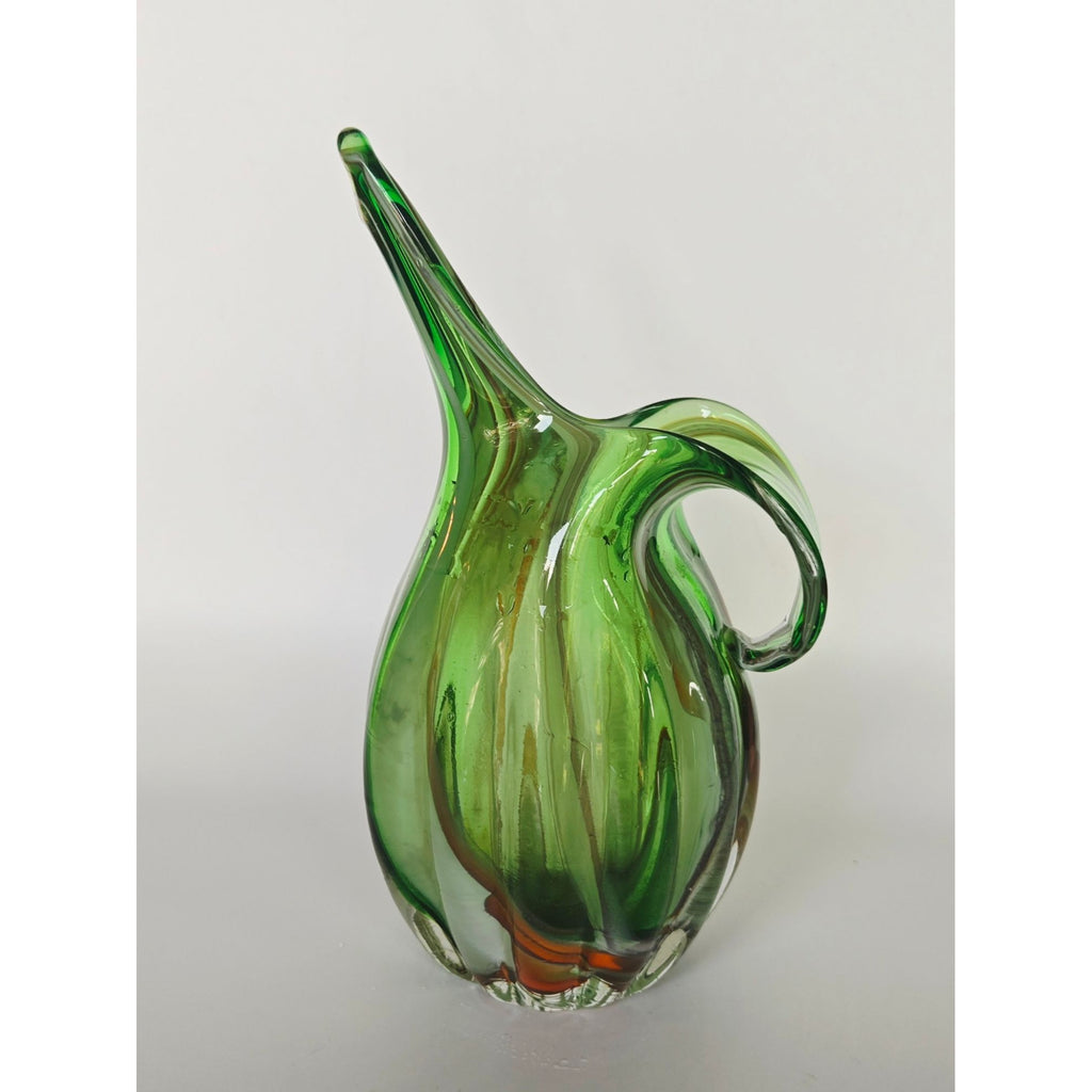 Handblown Murano Green Swirled Glass Pitcher With Handle - Mid-Century Decorative Art Glass