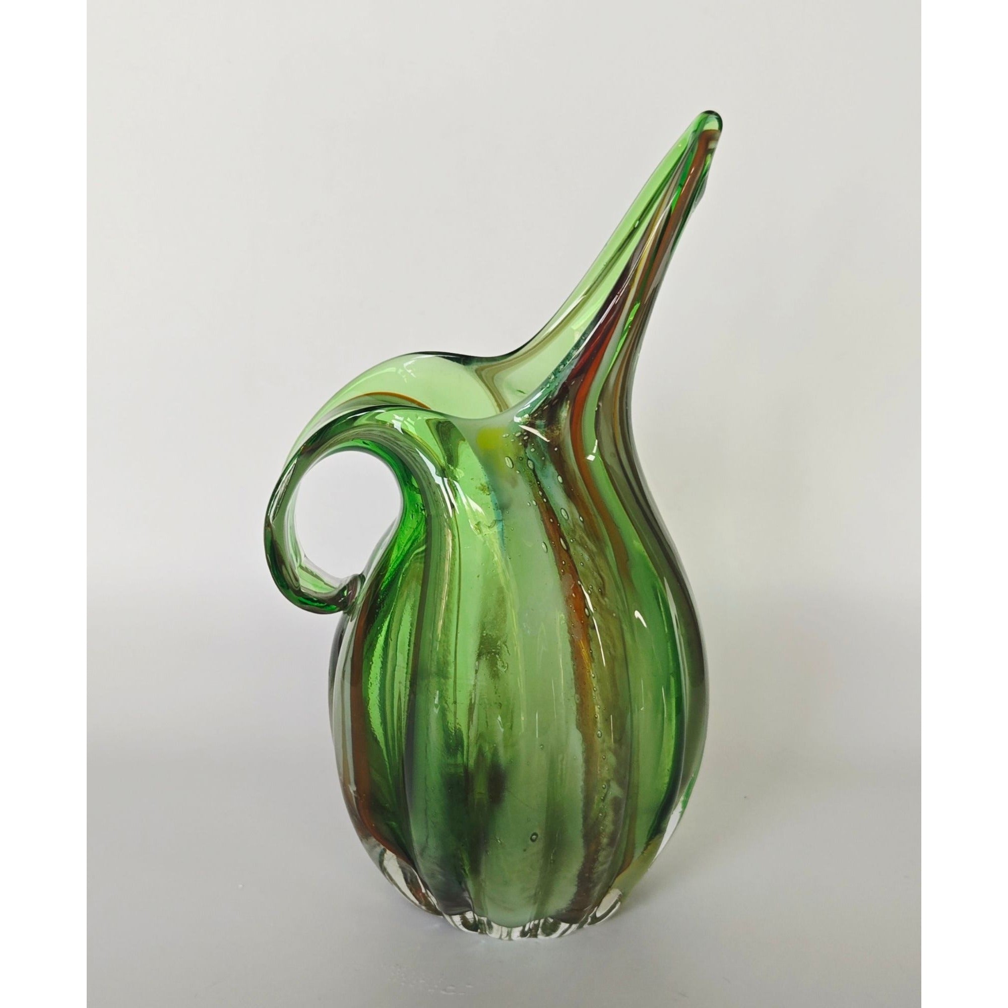Handblown Murano Green Swirled Glass Pitcher With Handle - Mid-Century Decorative Art Glass