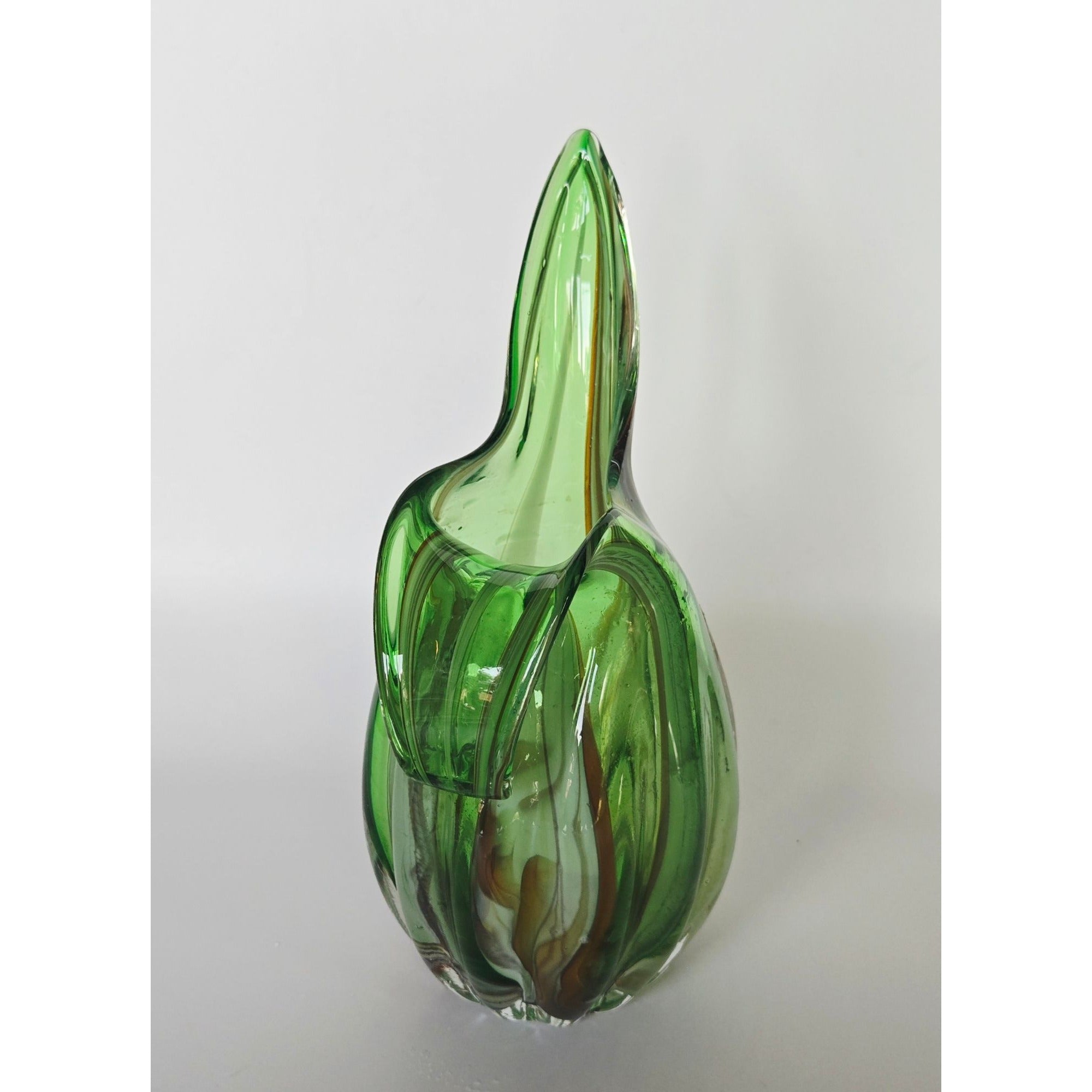 Handblown Murano Green Swirled Glass Pitcher With Handle - Mid-Century Decorative Art Glass