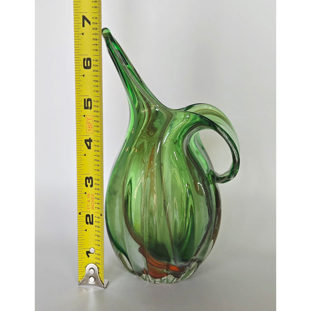 Handblown Murano Green Swirled Glass Pitcher With Handle - Mid-Century Decorative Art Glass