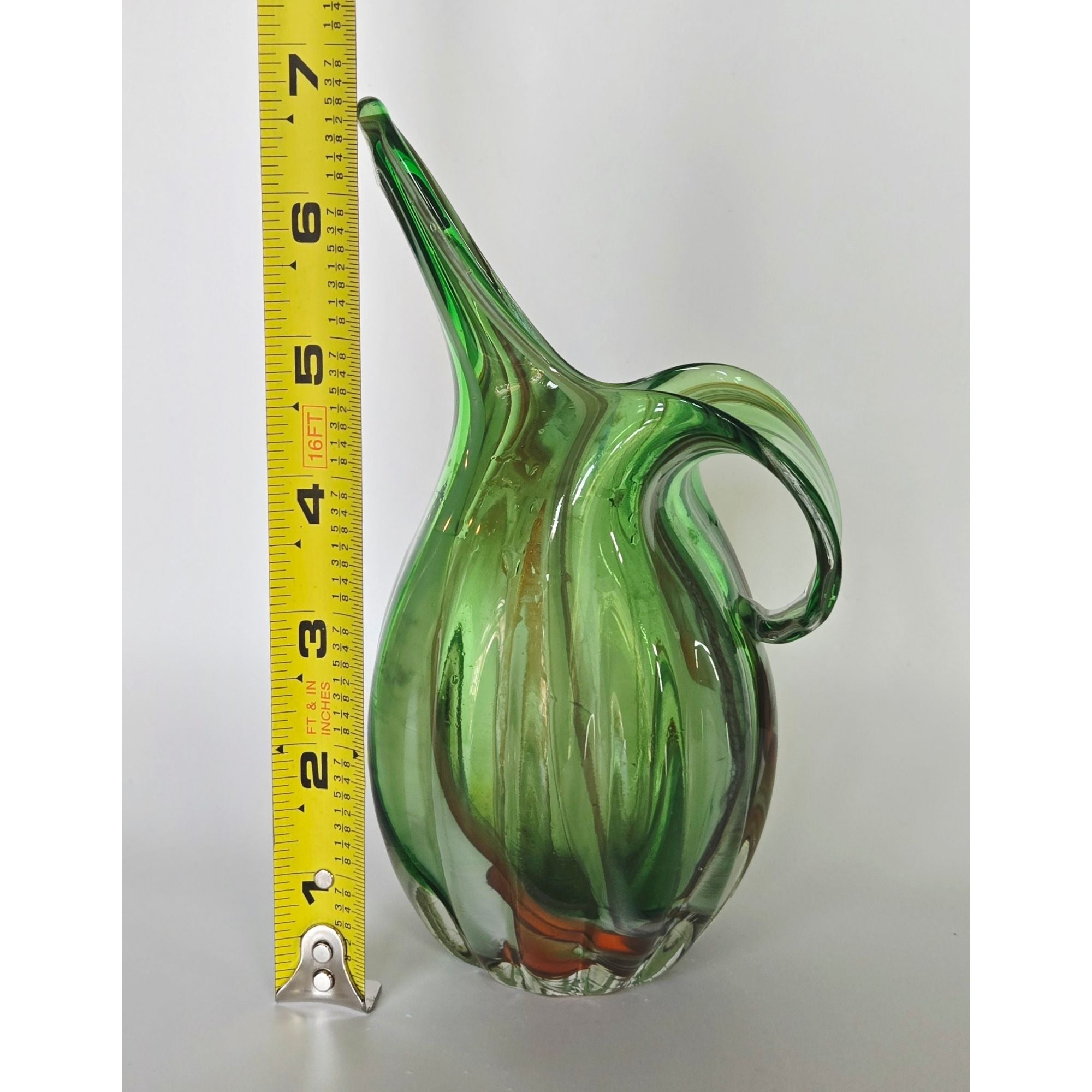 Handblown Murano Green Swirled Glass Pitcher With Handle - Mid-Century Decorative Art Glass