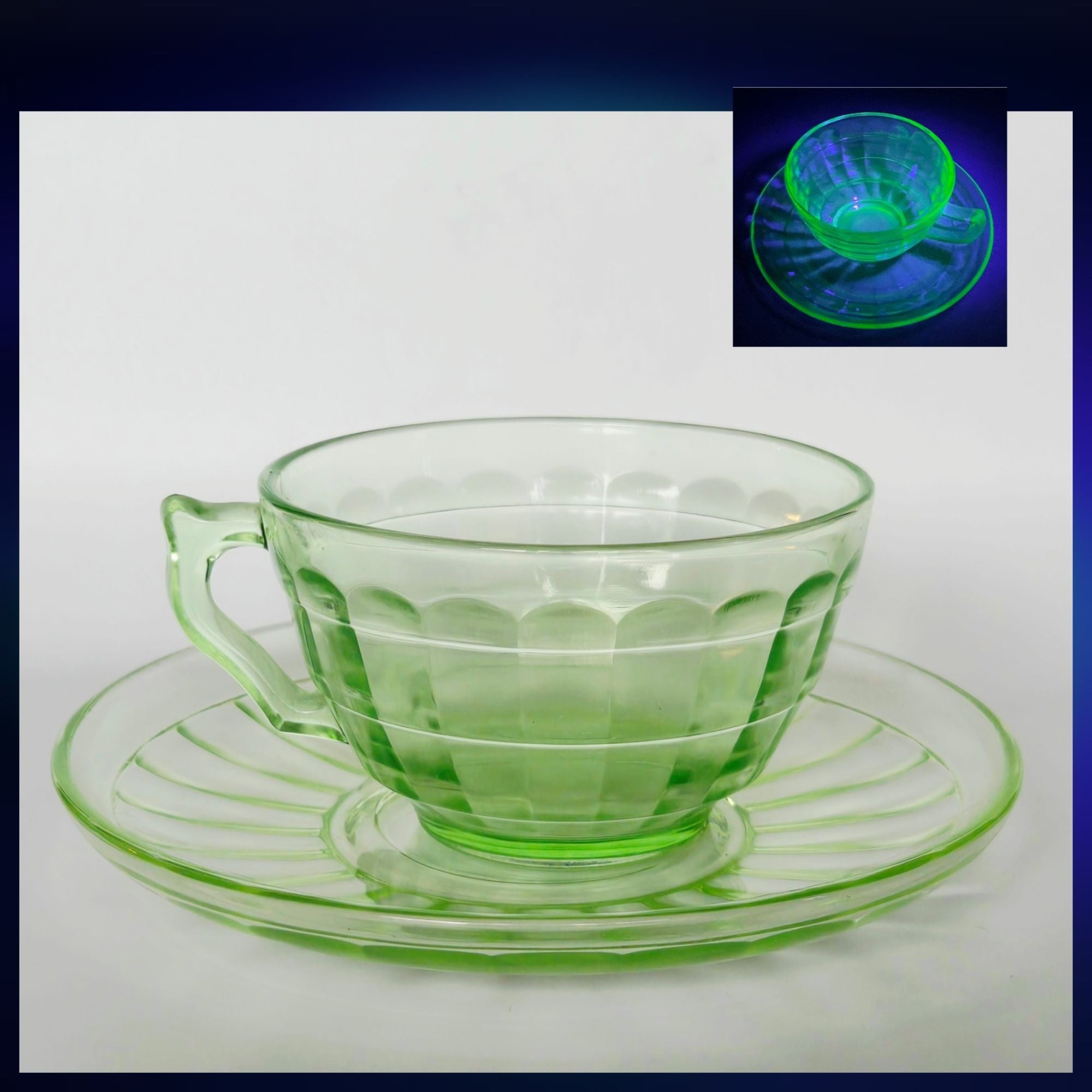 1930s Anchor Hocking Depression Glass Teacup & Saucer Set - uranium