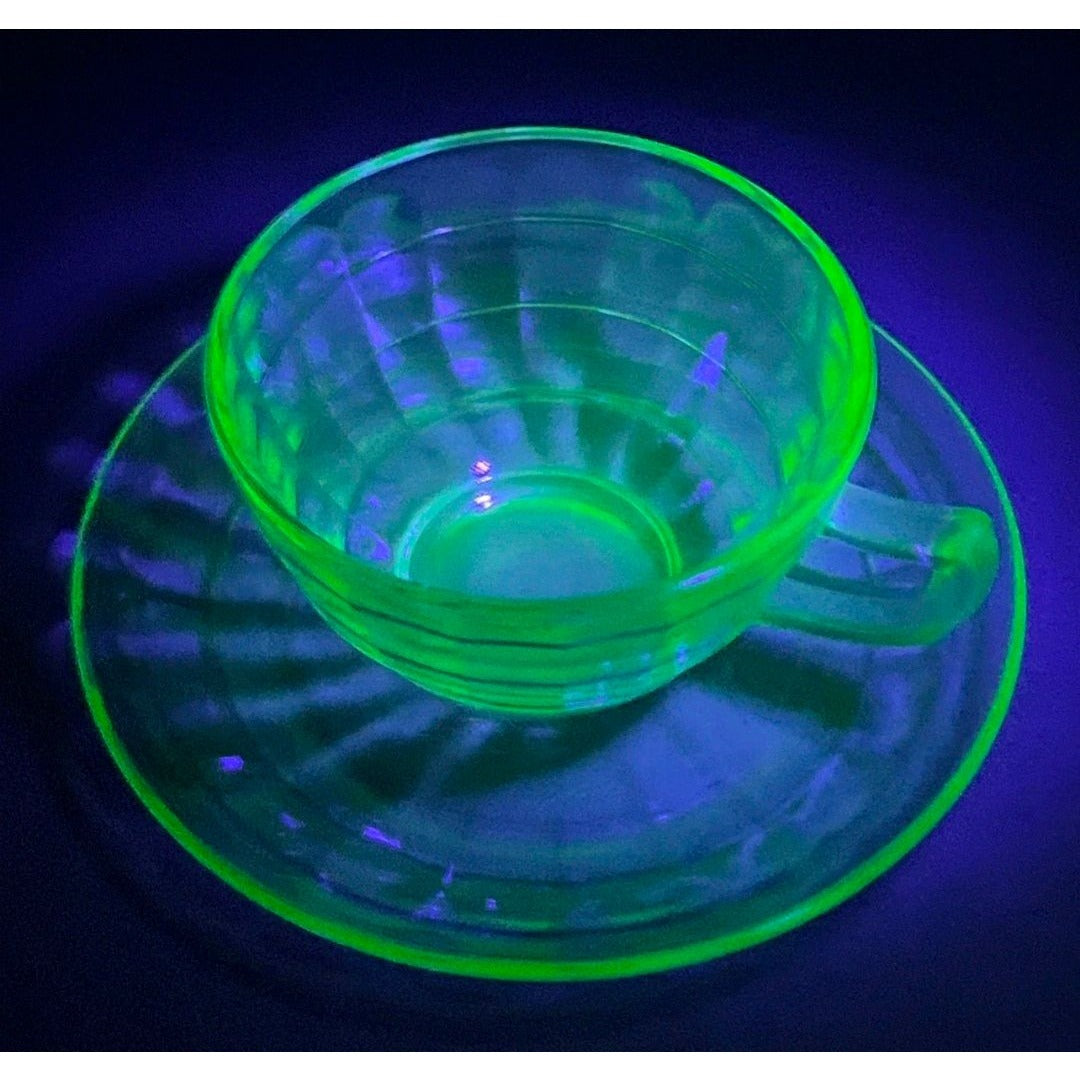 1930s Anchor Hocking Depression Glass Teacup & Saucer Set - uranium