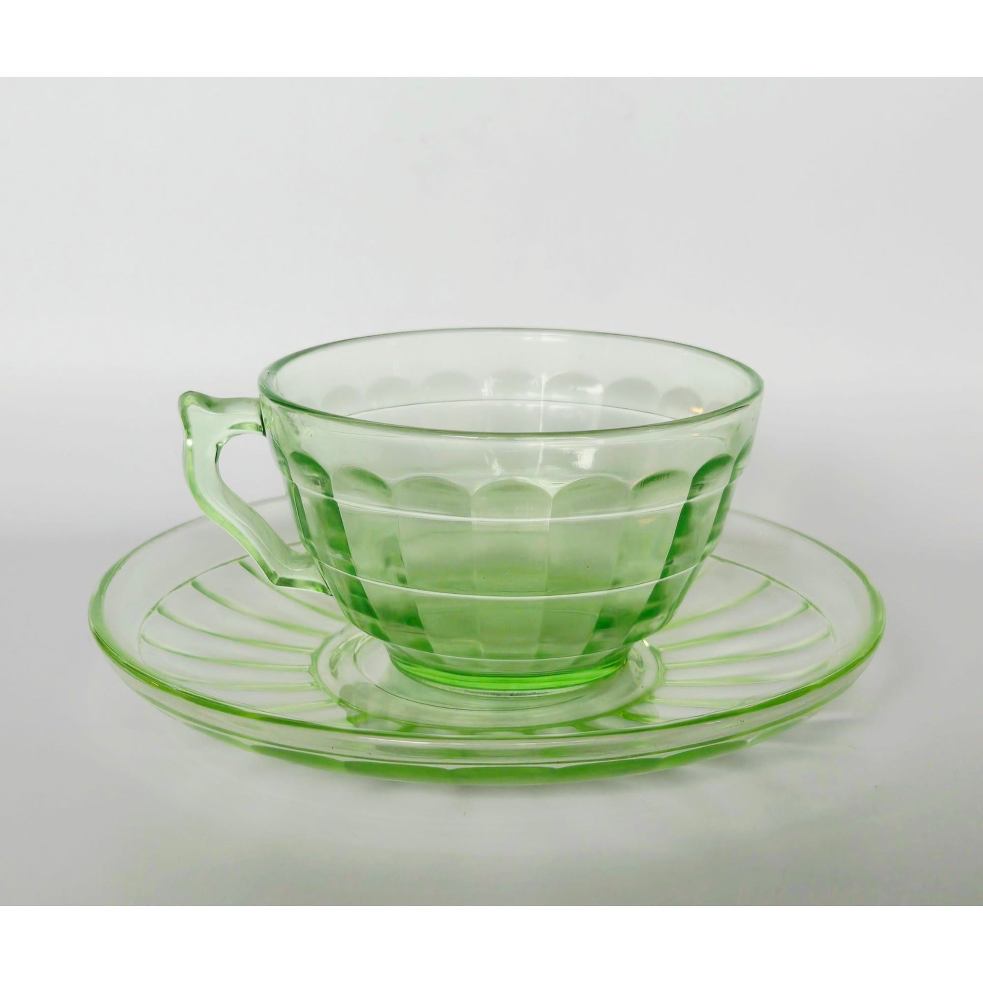 1930s Anchor Hocking Depression Glass Teacup & Saucer Set - uranium