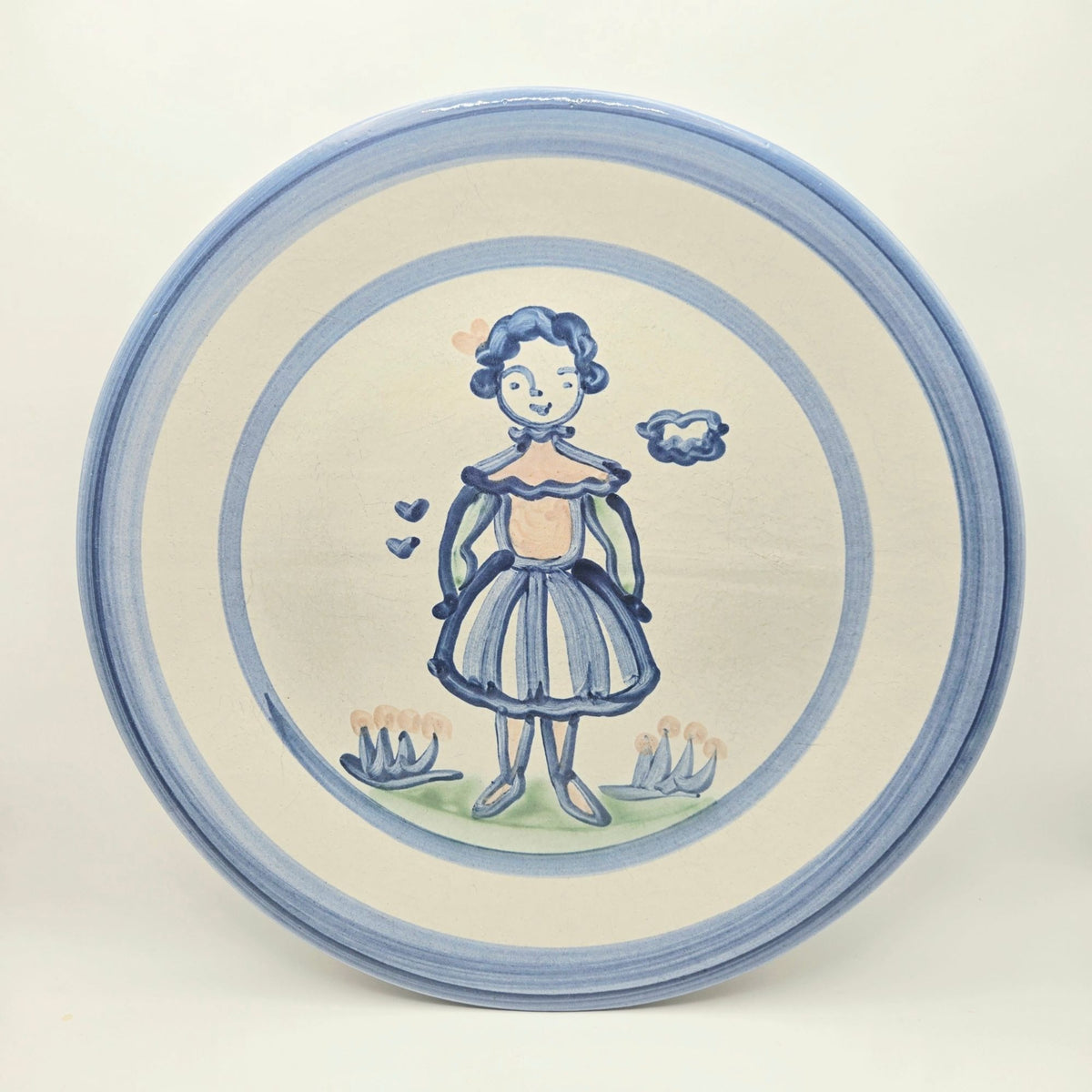 M.A. Hadley Plate Hand-Painted Stoneware With Folk Art Girl Design 11-Inch