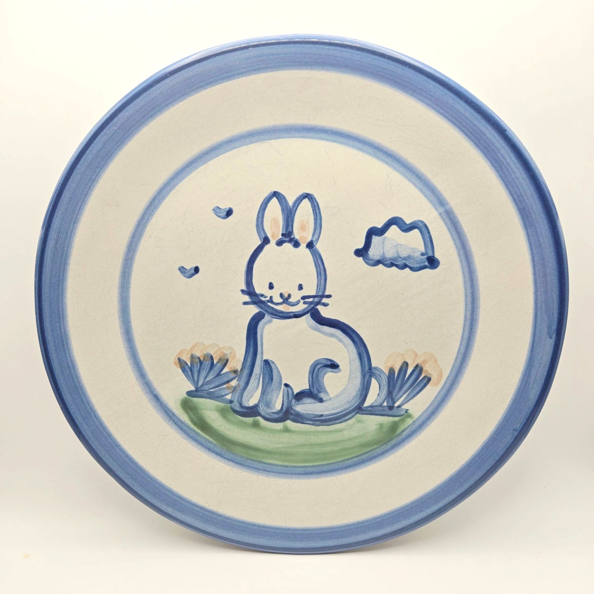 M.A. Hadley Hand-Painted Bunny Stoneware Plate 11" Blue Trim Decorative Wall Art/ Serve Dish