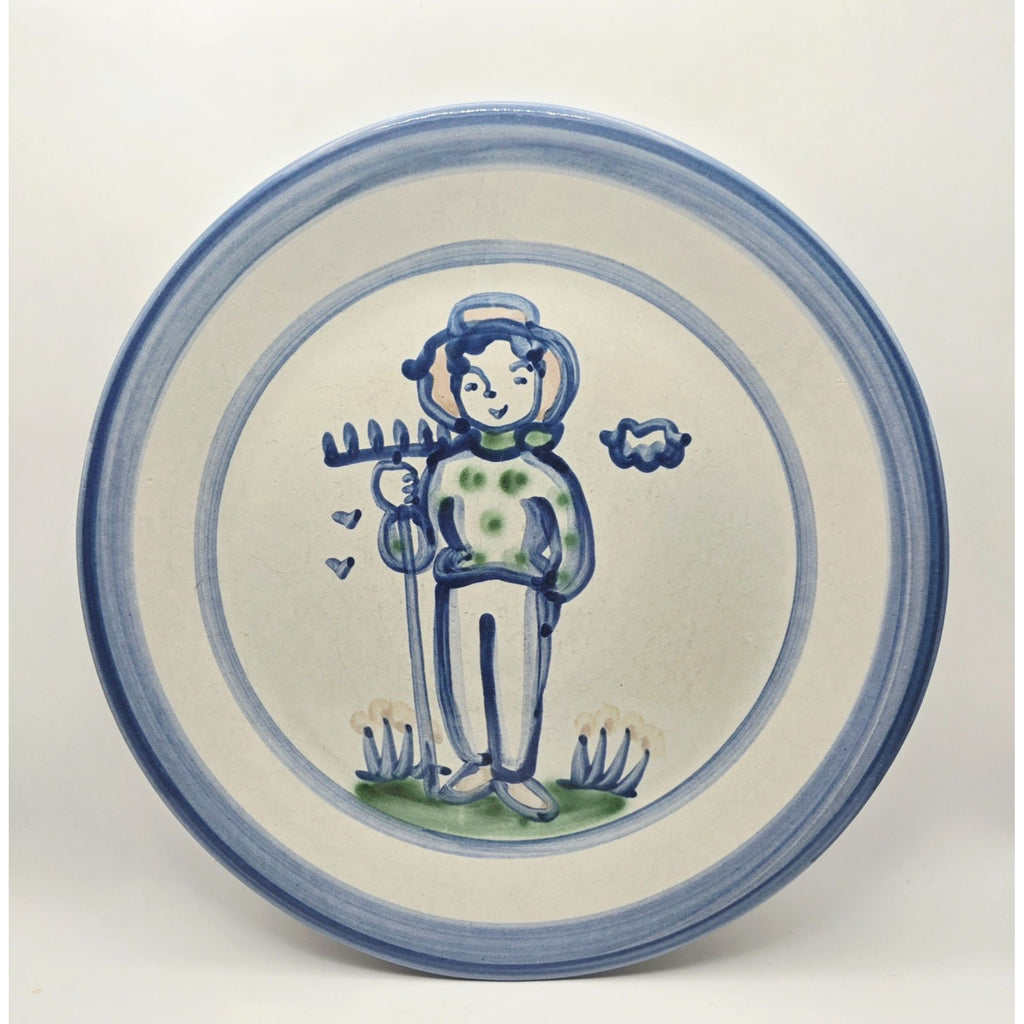M.A. Hadley Plate Hand-Painted Stoneware Blue & White Farmer Decorative 11"