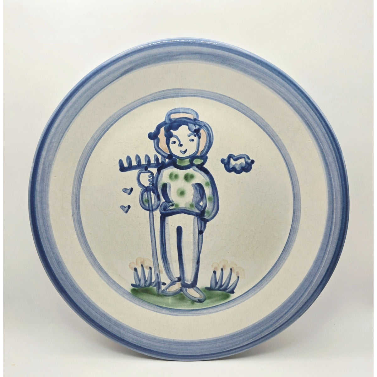 M.A. Hadley Plate Hand-Painted Stoneware Blue & White Farmer Decorative 11"