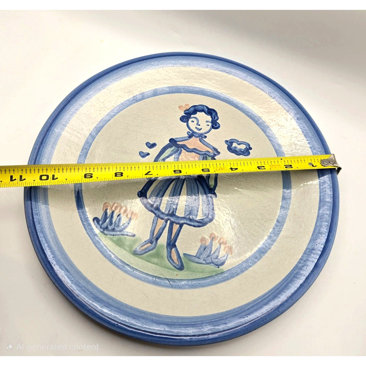 M.A. Hadley Plate Hand-Painted Stoneware With Folk Art Girl Design 11-Inch