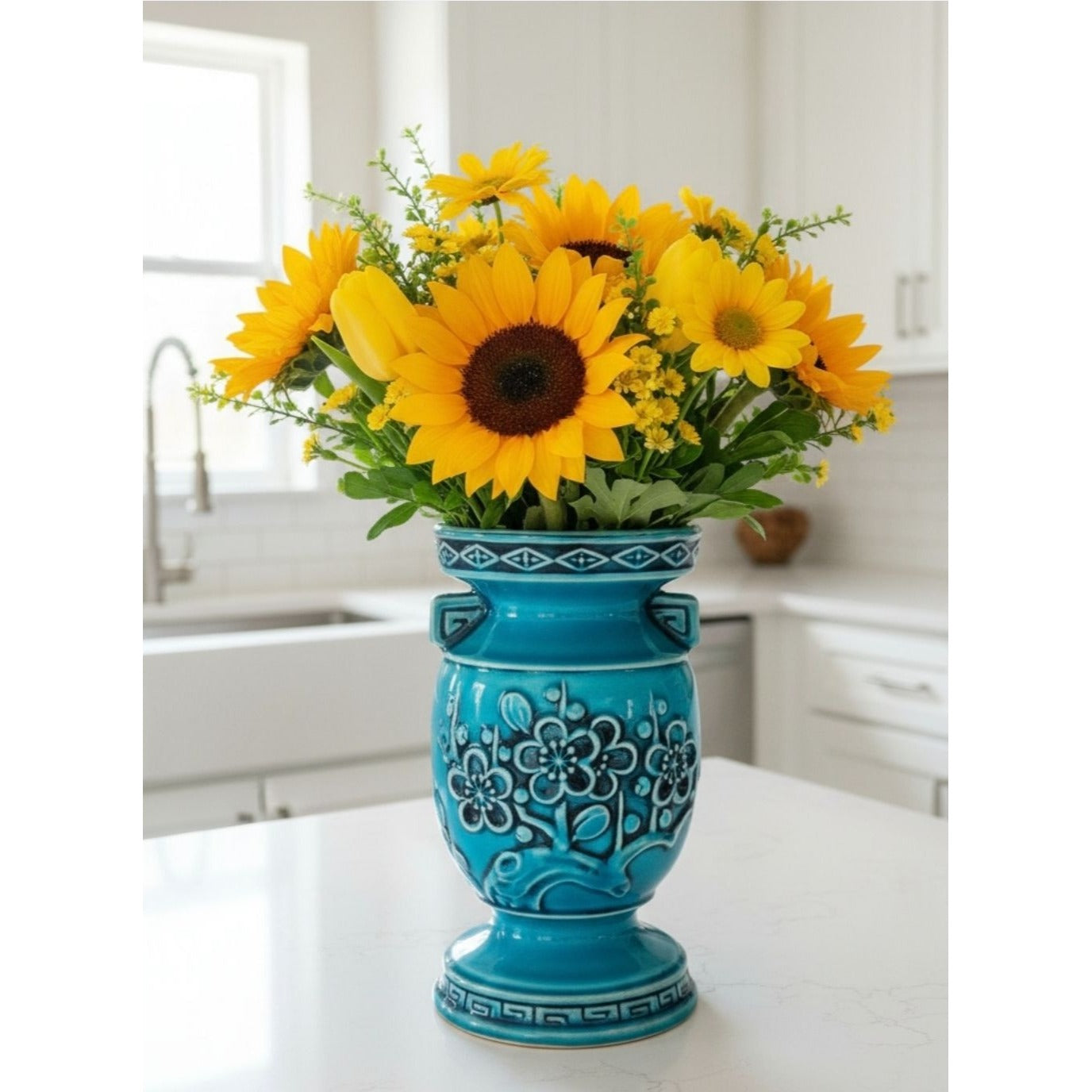 Vintage Japanese Reubens Ceramic Vase With Floral Motif Blue Glaze 7" Tall Mid-Century Decor
