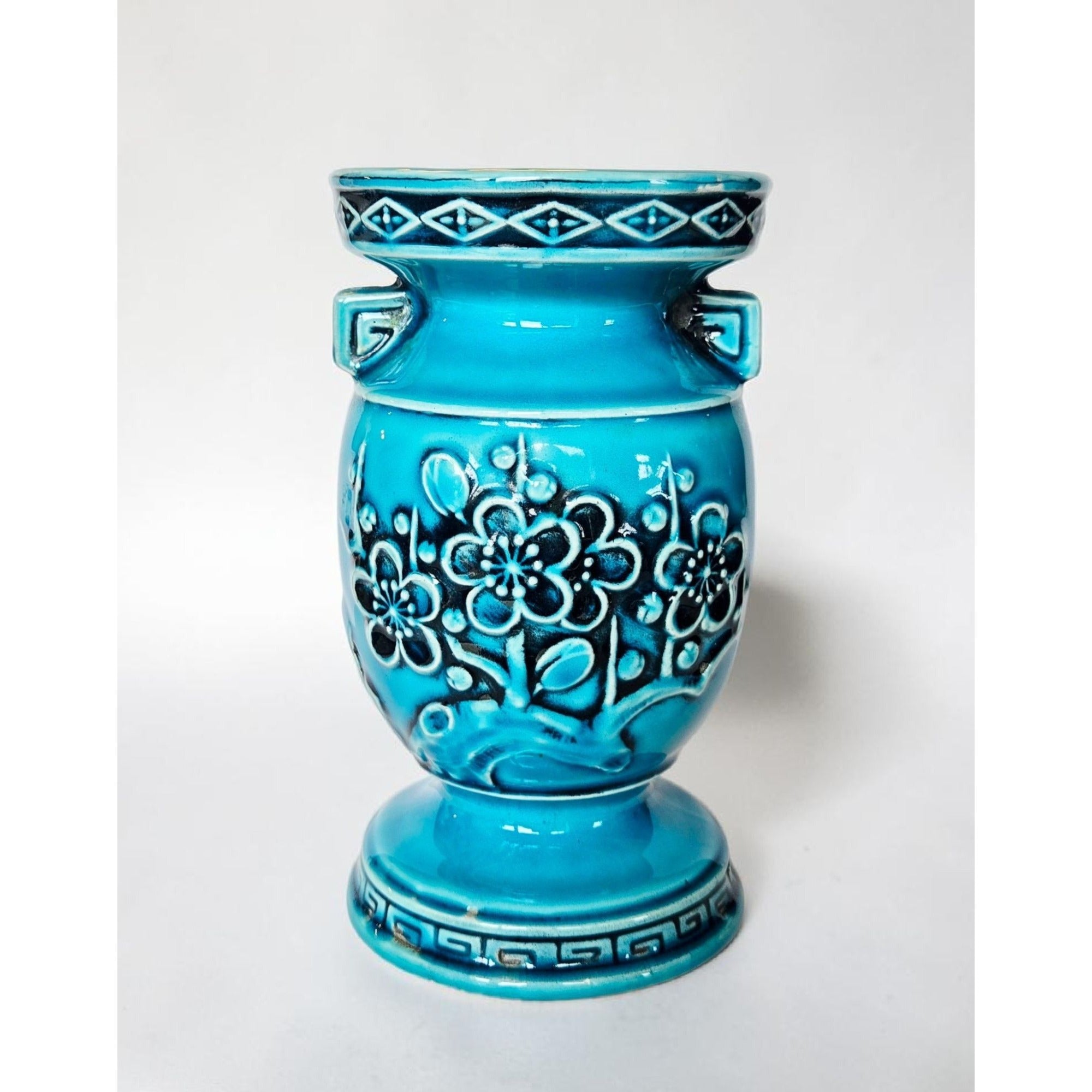 Vintage Japanese Reubens Ceramic Vase With Floral Motif Blue Glaze 7" Tall Mid-Century Decor