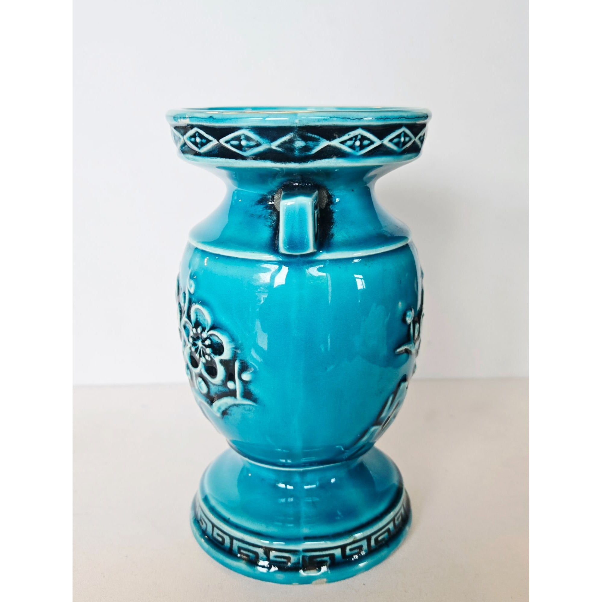 Vintage Japanese Reubens Ceramic Vase With Floral Motif Blue Glaze 7" Tall Mid-Century Decor