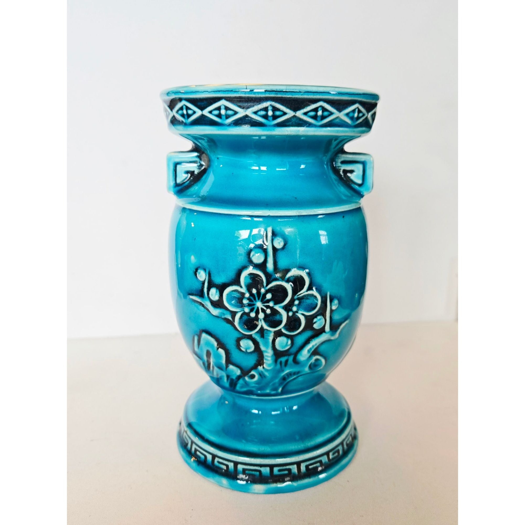Vintage Japanese Reubens Ceramic Vase With Floral Motif Blue Glaze 7" Tall Mid-Century Decor