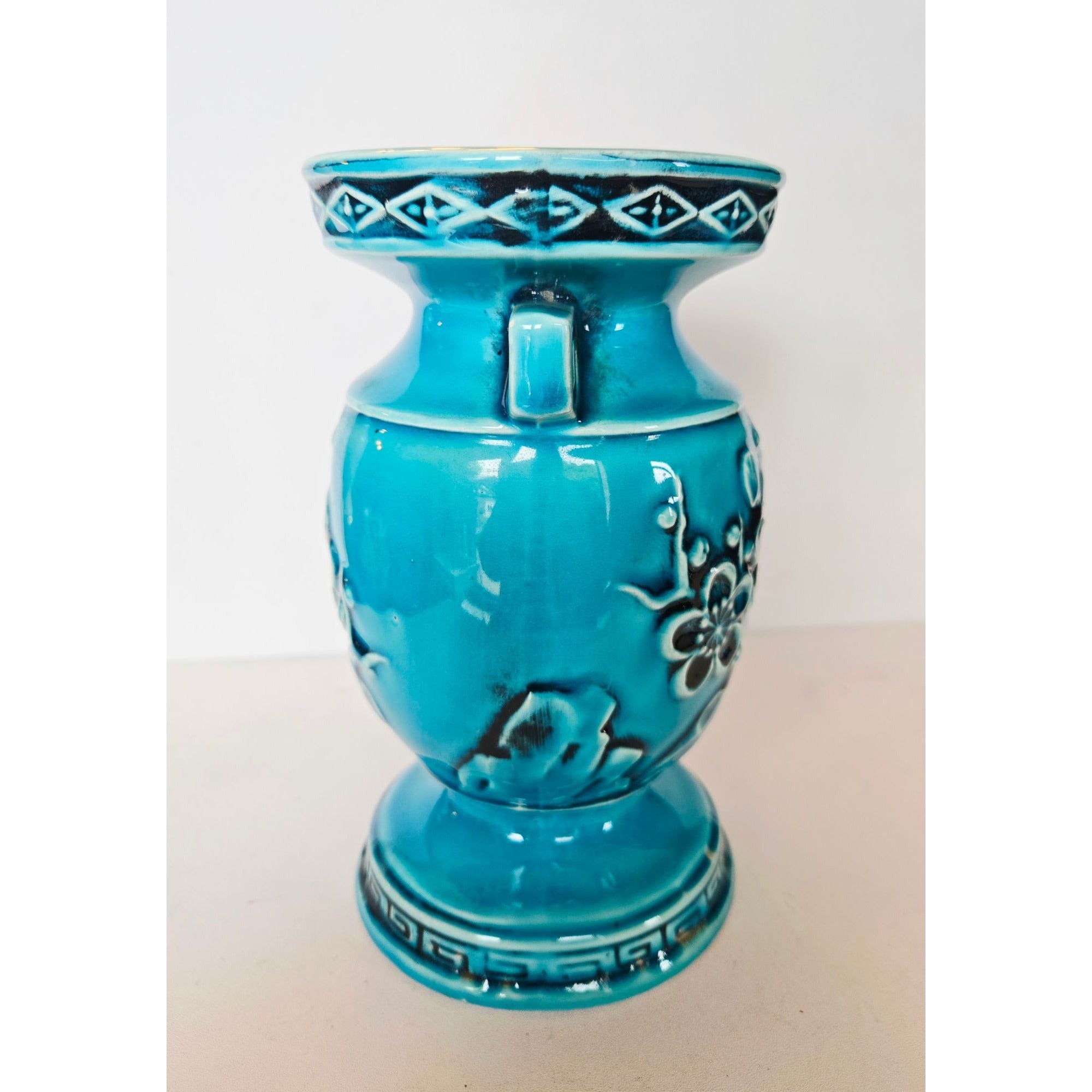 Vintage Japanese Reubens Ceramic Vase With Floral Motif Blue Glaze 7" Tall Mid-Century Decor