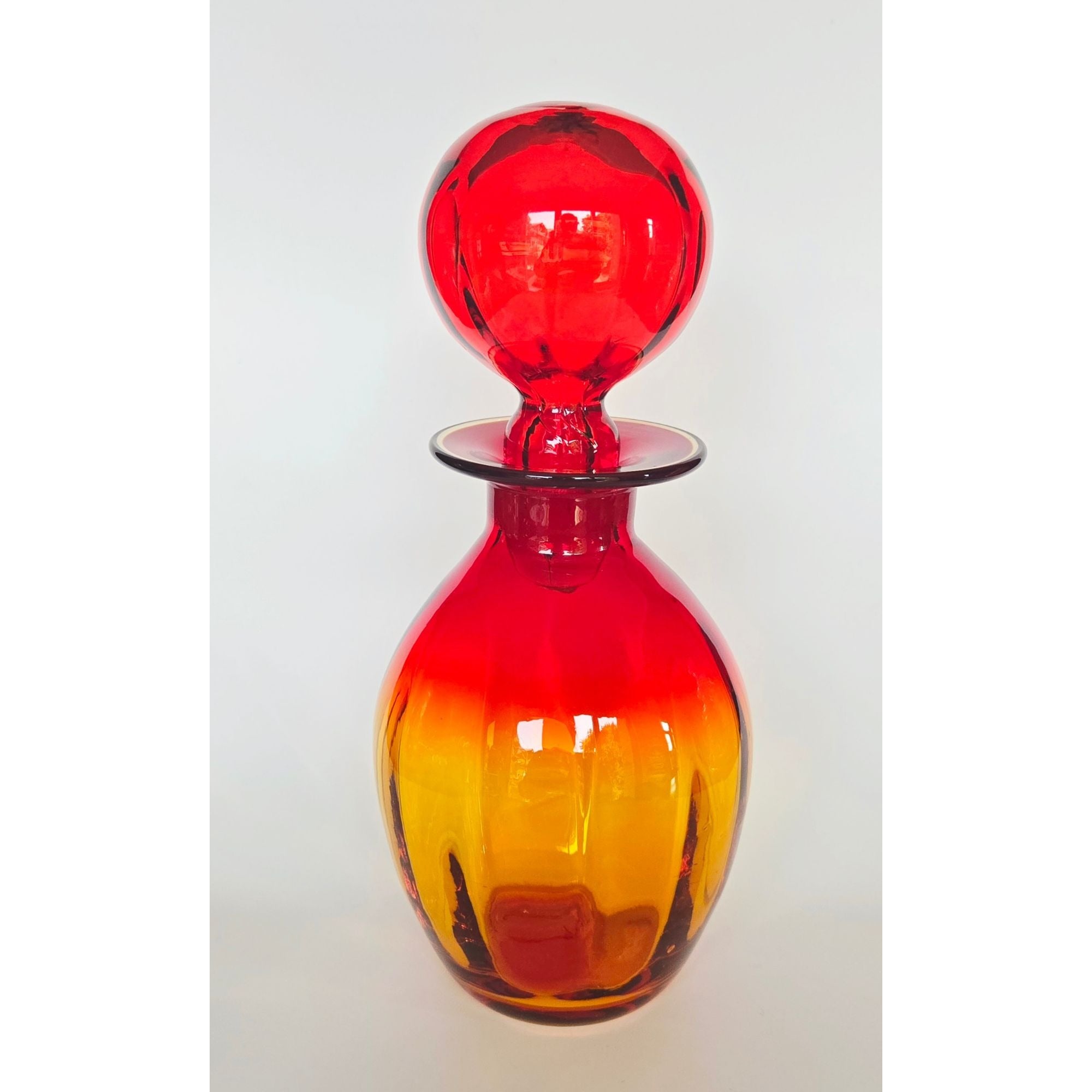 Gorgeous Blenko Red, Tangerine Amberina, Glass Decanter with Large Ball Stopper, Optic