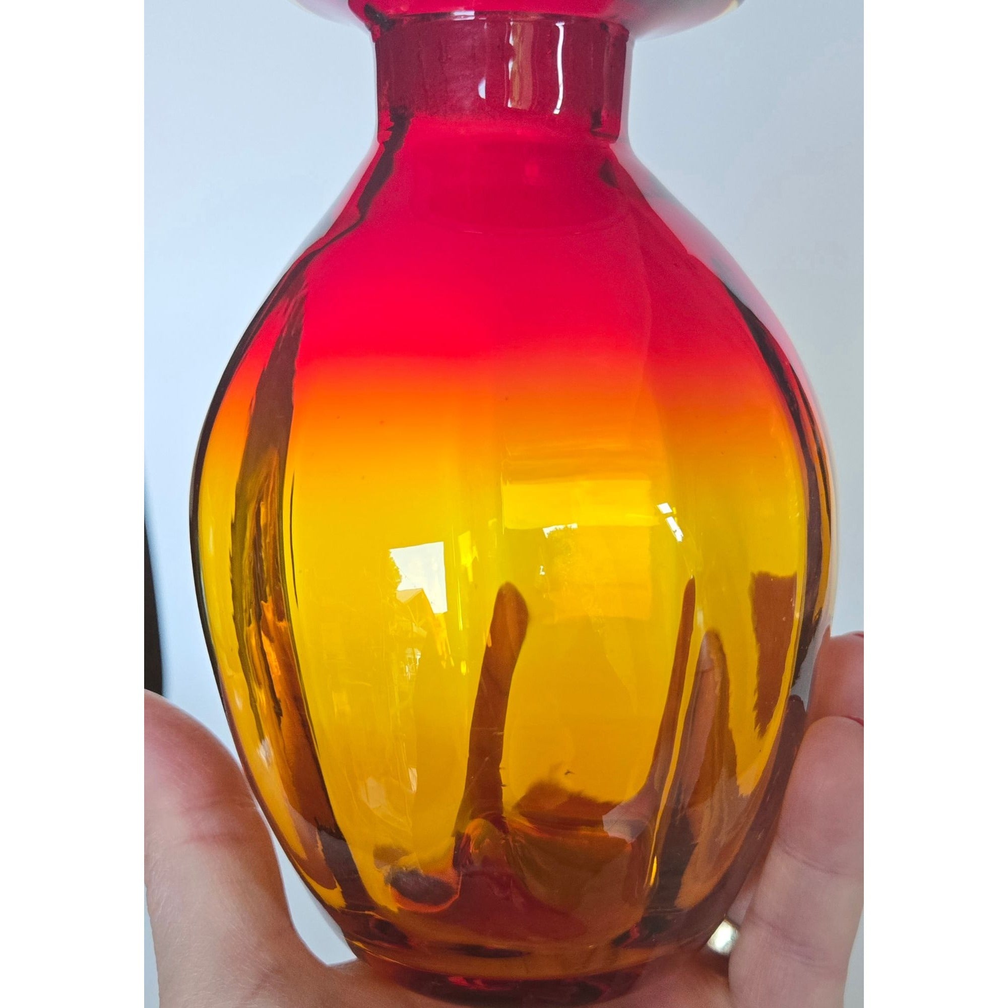 Gorgeous Blenko Red, Tangerine Amberina, Glass Decanter with Large Ball Stopper, Optic