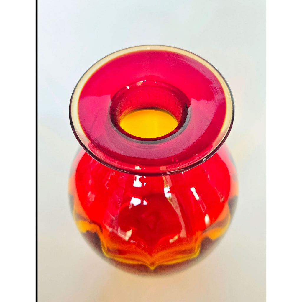 Gorgeous Blenko Red, Tangerine Amberina, Glass Decanter with Large Ball Stopper, Optic