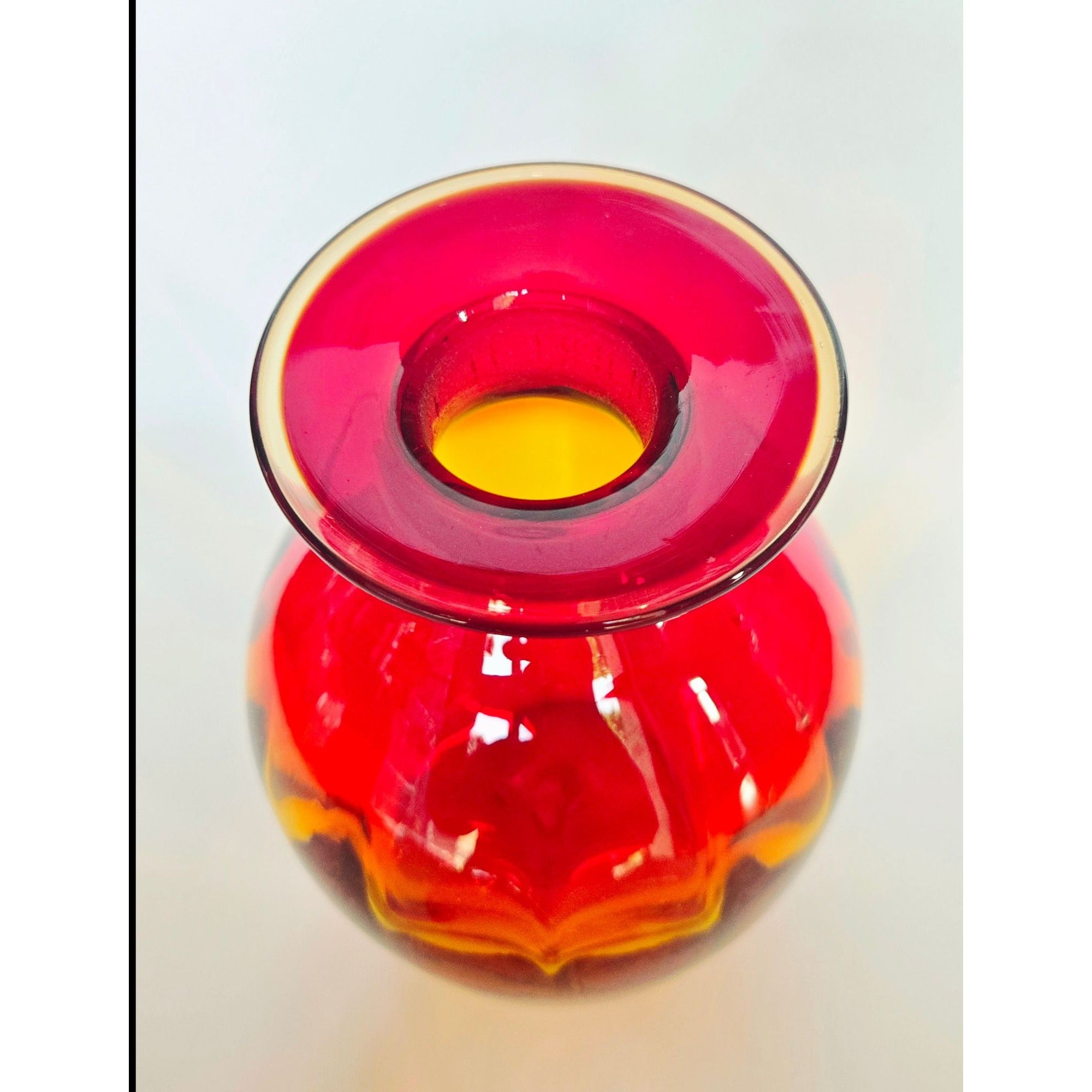 Gorgeous Blenko Red, Tangerine Amberina, Glass Decanter with Large Ball Stopper, Optic