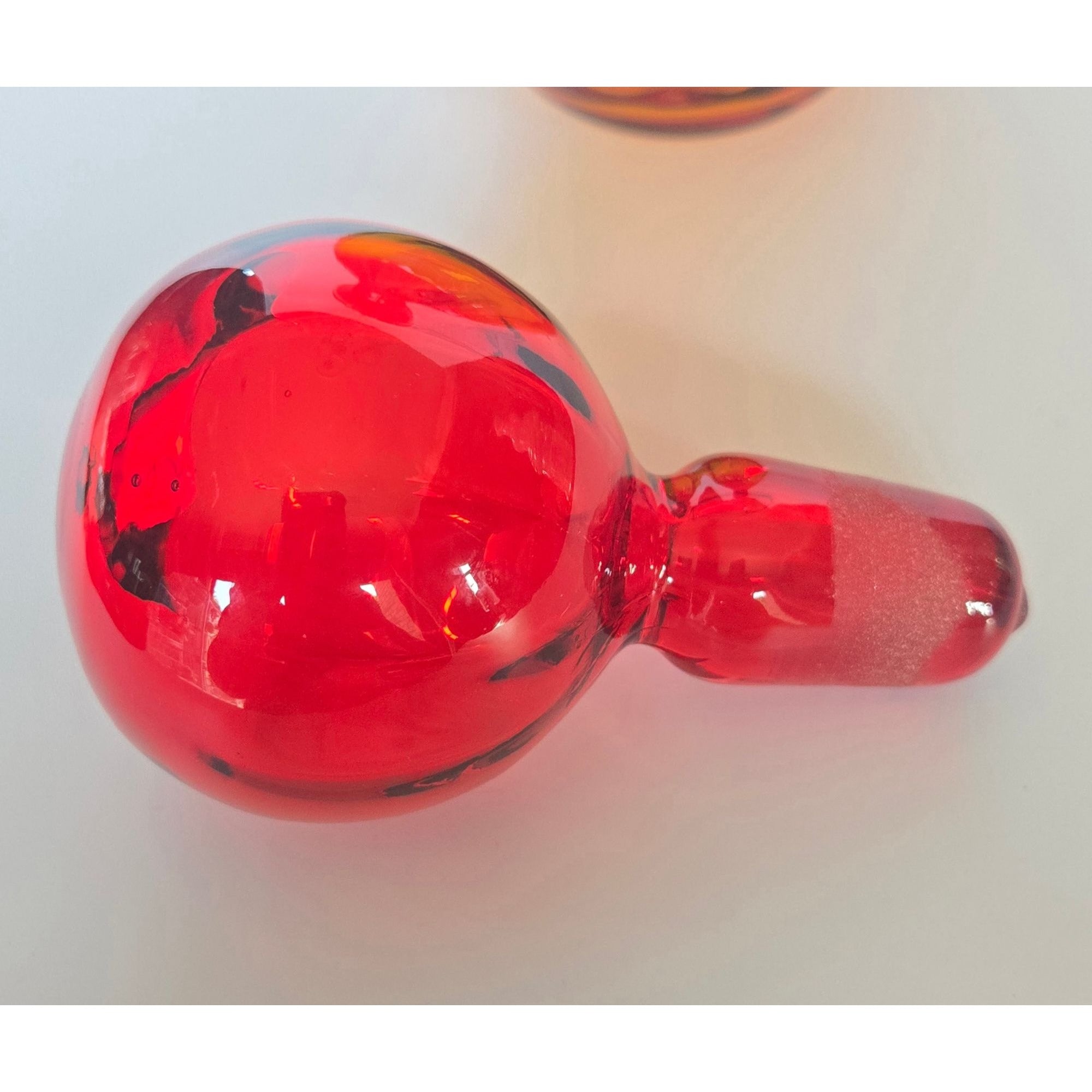Gorgeous Blenko Red, Tangerine Amberina, Glass Decanter with Large Ball Stopper, Optic