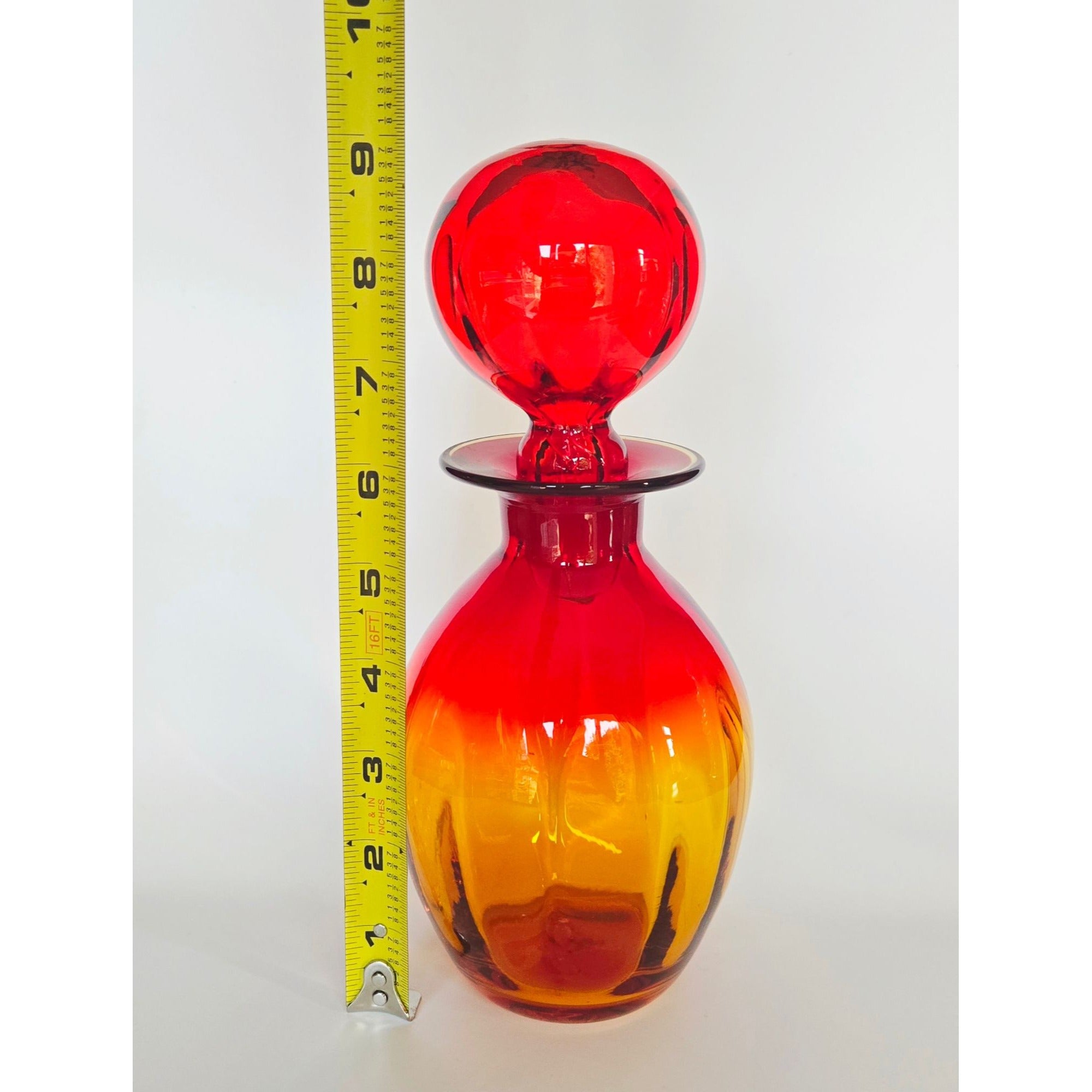 Gorgeous Blenko Red, Tangerine Amberina, Glass Decanter with Large Ball Stopper, Optic