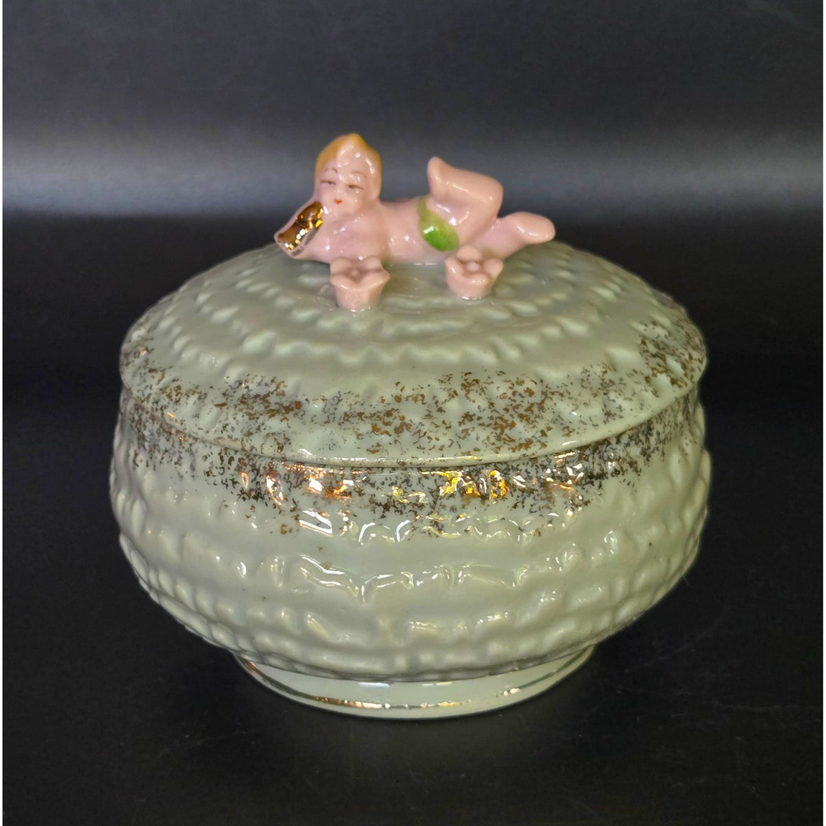1940s Vintage Ceramic Trinket Box With Cherub Baby & Gold Accents