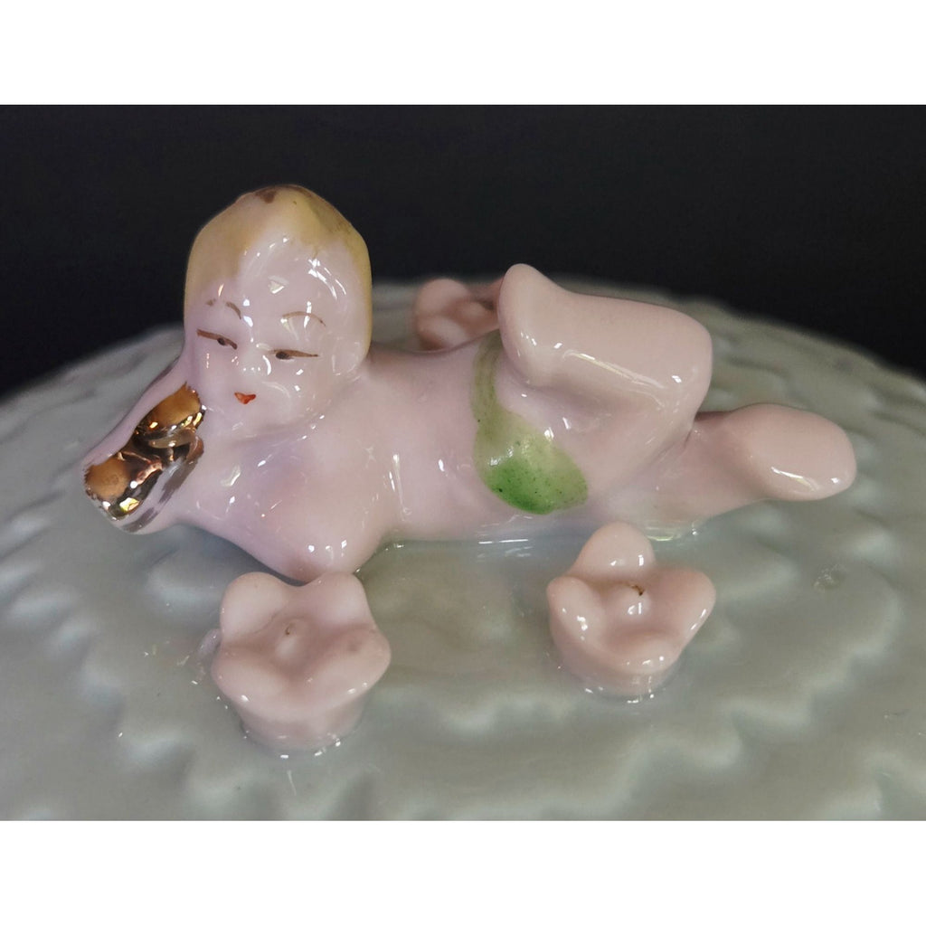 1940s Vintage Ceramic Trinket Box With Cherub Baby & Gold Accents