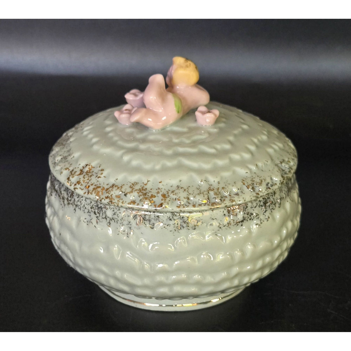 1940s Vintage Ceramic Trinket Box With Cherub Baby & Gold Accents