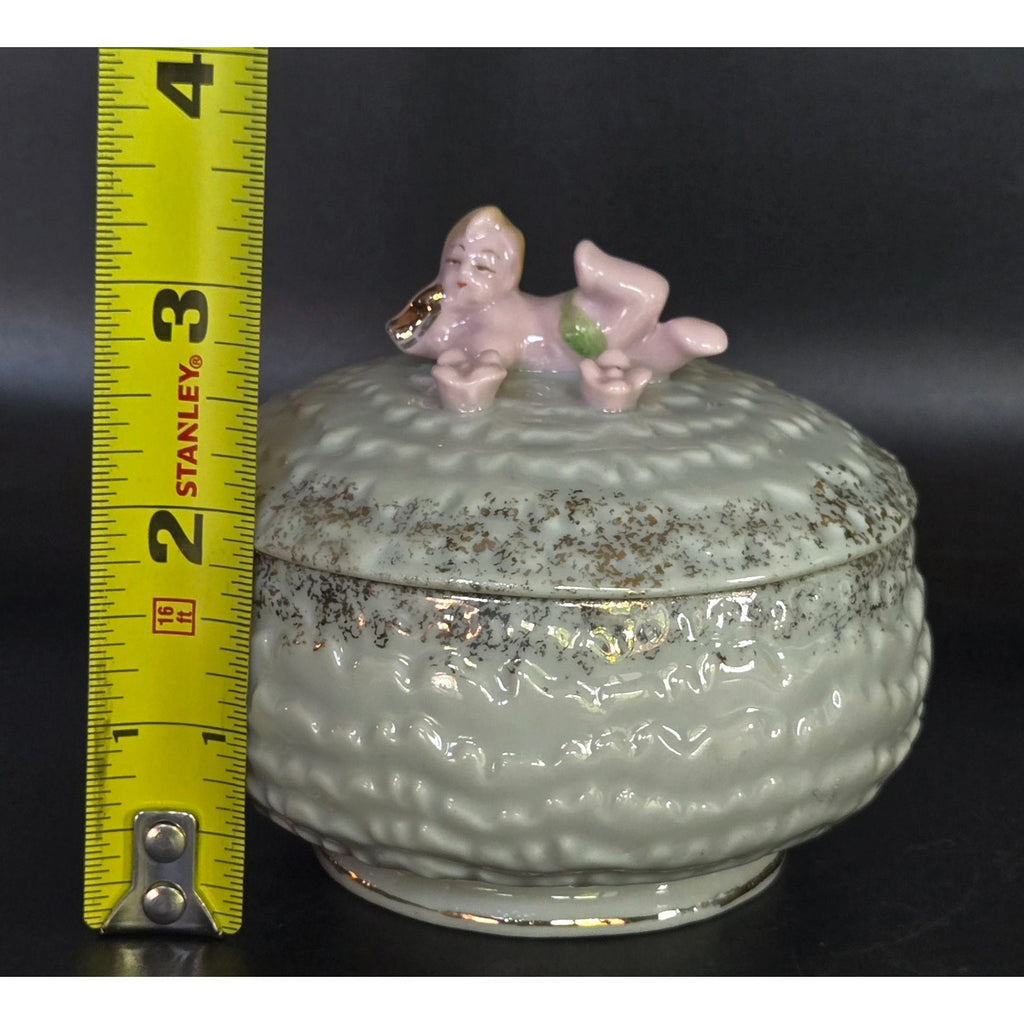 1940s Vintage Ceramic Trinket Box With Cherub Baby & Gold Accents