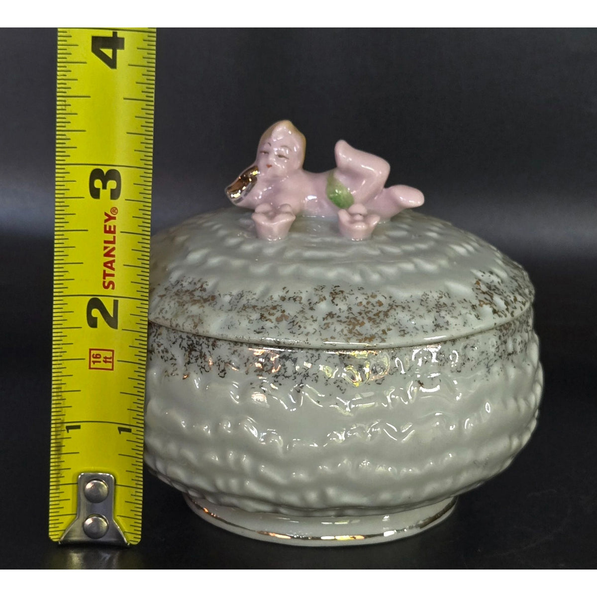 1940s Vintage Ceramic Trinket Box With Cherub Baby & Gold Accents