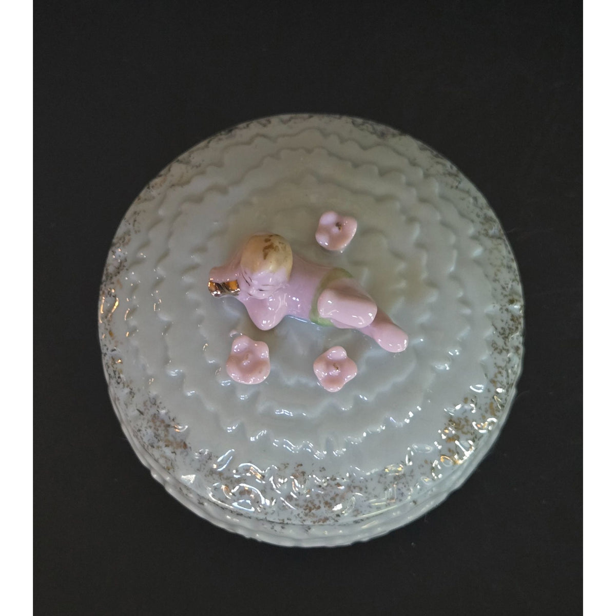 1940s Vintage Ceramic Trinket Box With Cherub Baby & Gold Accents