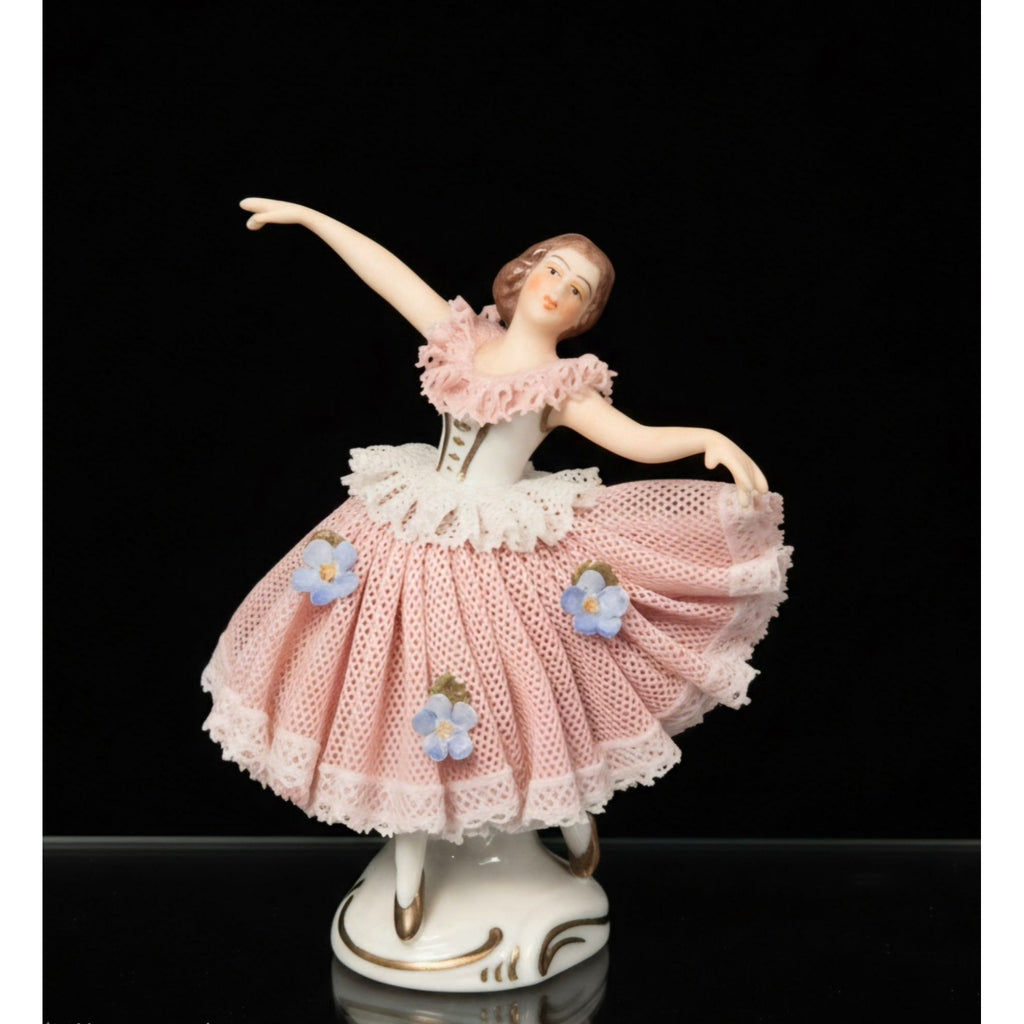 Dresden Porcelain Ballerina Figurine In Pink Lace, Flower Accents And Delicate details