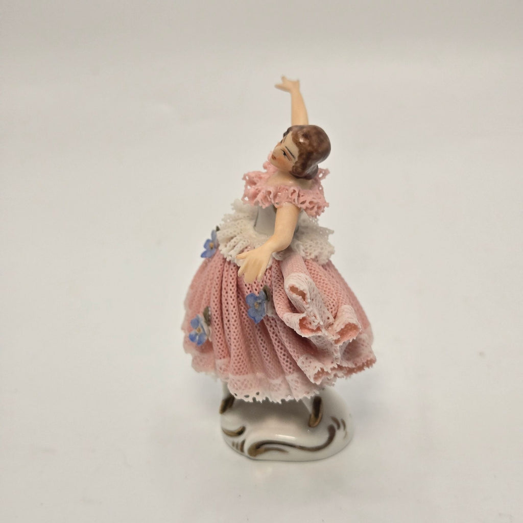 Dresden Porcelain Ballerina Figurine In Pink Lace, Flower Accents And Delicate details