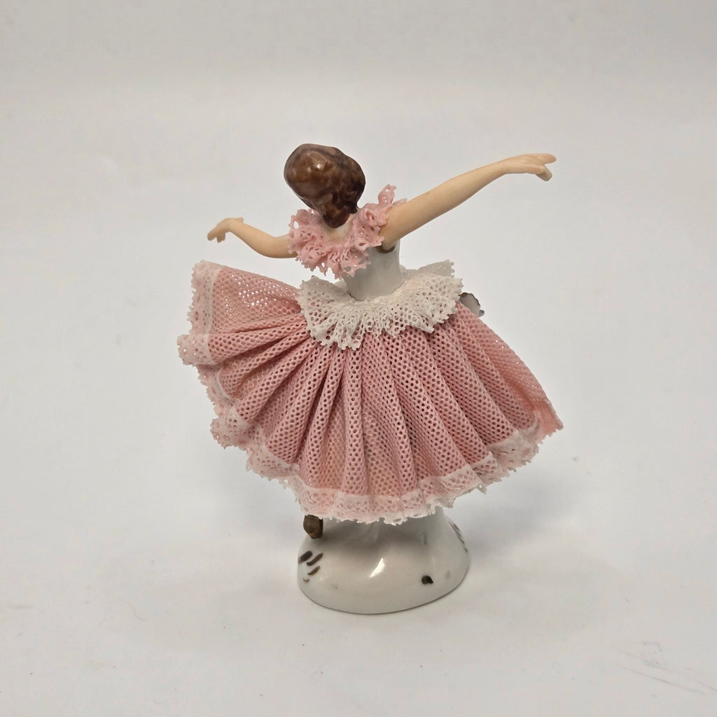 Dresden Porcelain Ballerina Figurine In Pink Lace, Flower Accents And Delicate details