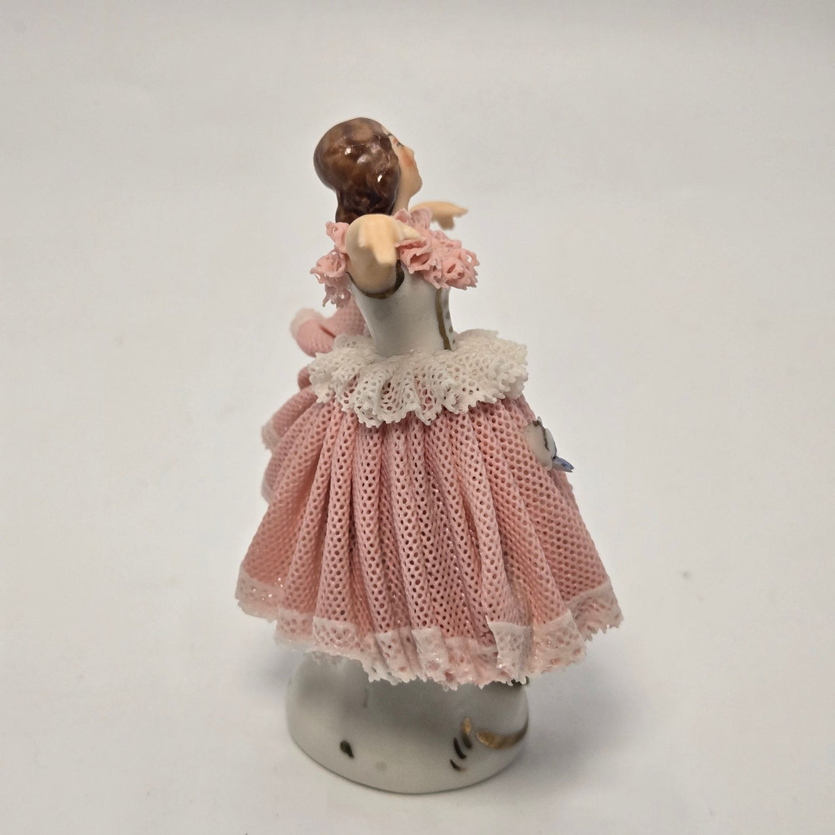 Dresden Porcelain Ballerina Figurine In Pink Lace, Flower Accents And Delicate details