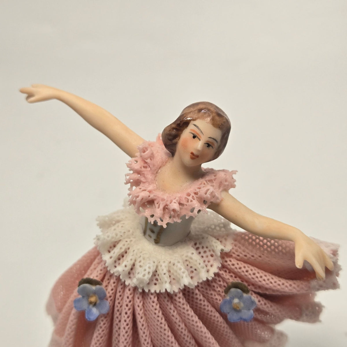 Dresden Porcelain Ballerina Figurine In Pink Lace, Flower Accents And Delicate details