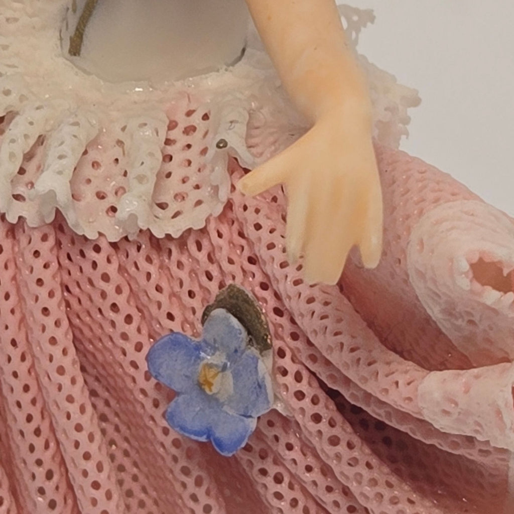 Dresden Porcelain Ballerina Figurine In Pink Lace, Flower Accents And Delicate details