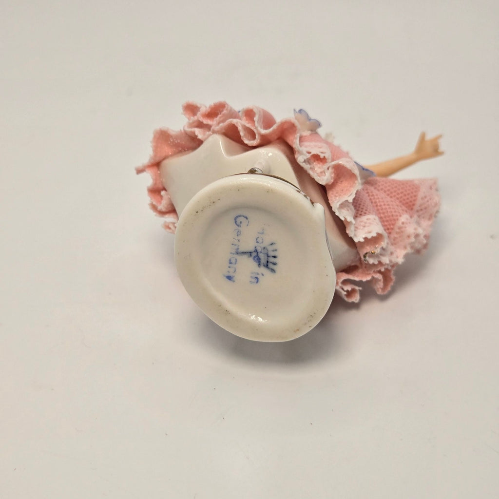 Dresden Porcelain Ballerina Figurine In Pink Lace, Flower Accents And Delicate details