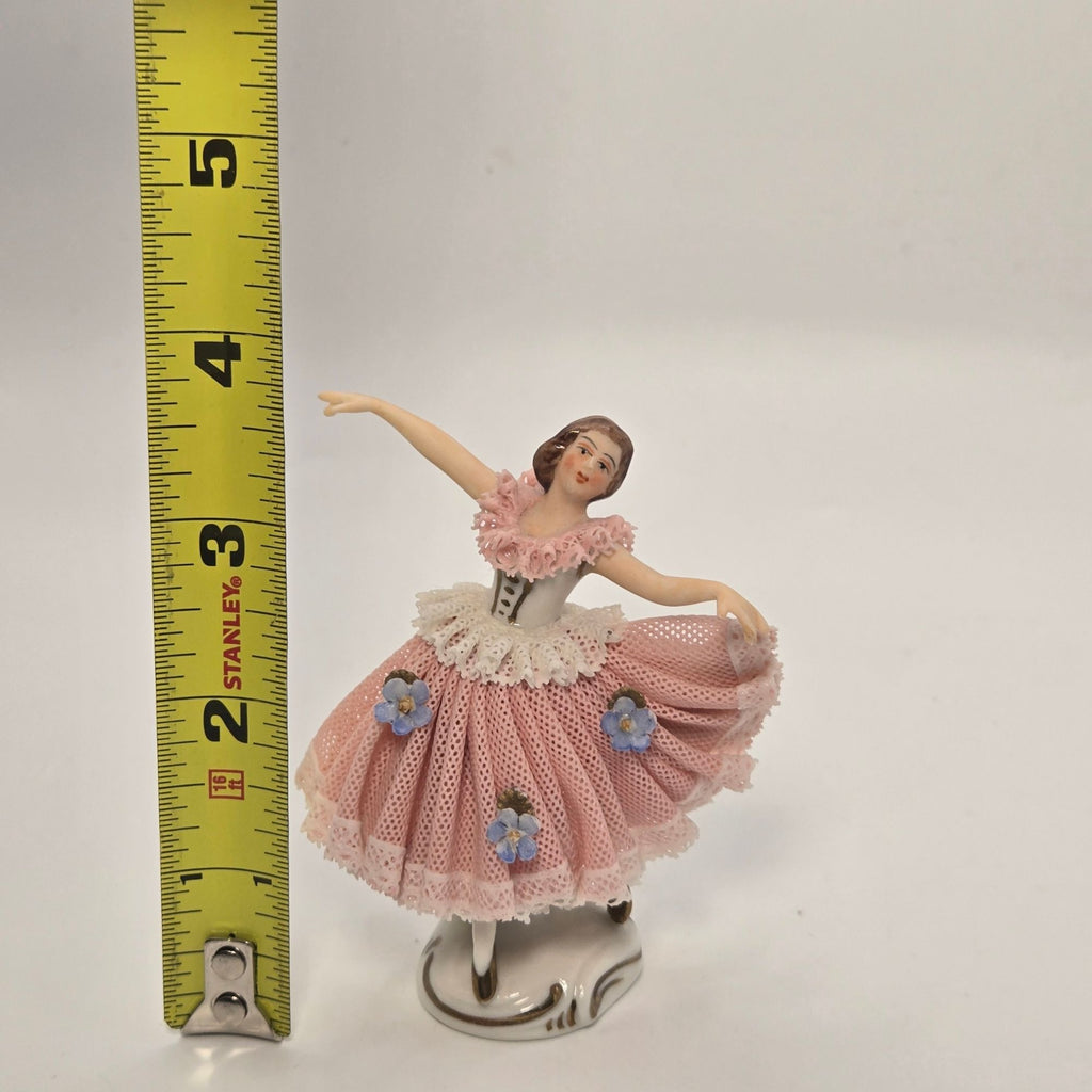 Dresden Porcelain Ballerina Figurine In Pink Lace, Flower Accents And Delicate details
