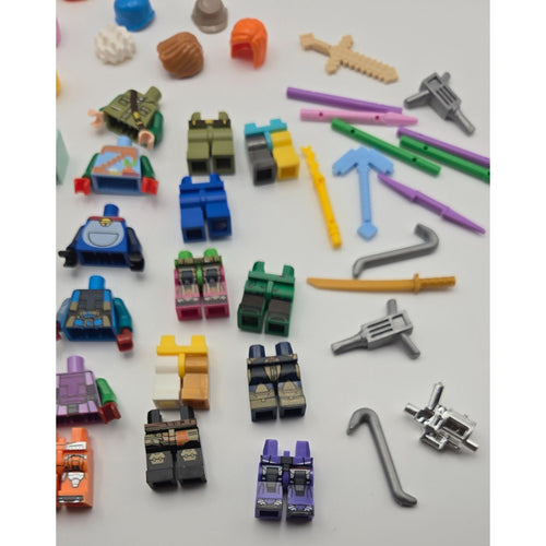 Assorted Lego Minifigure Parts & Accessories Lot - Heads Torsos Legs Hair & Weapons 30+