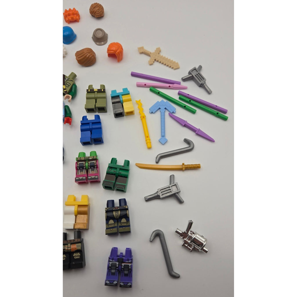 Assorted Lego Minifigure Parts & Accessories Lot - Heads Torsos Legs Hair & Weapons 30+