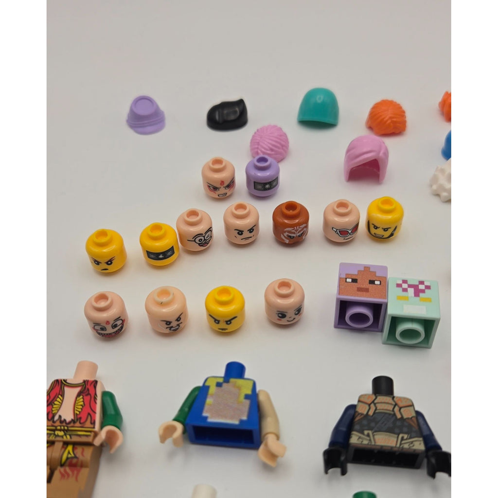 Assorted Lego Minifigure Parts & Accessories Lot - Heads Torsos Legs Hair & Weapons 30+