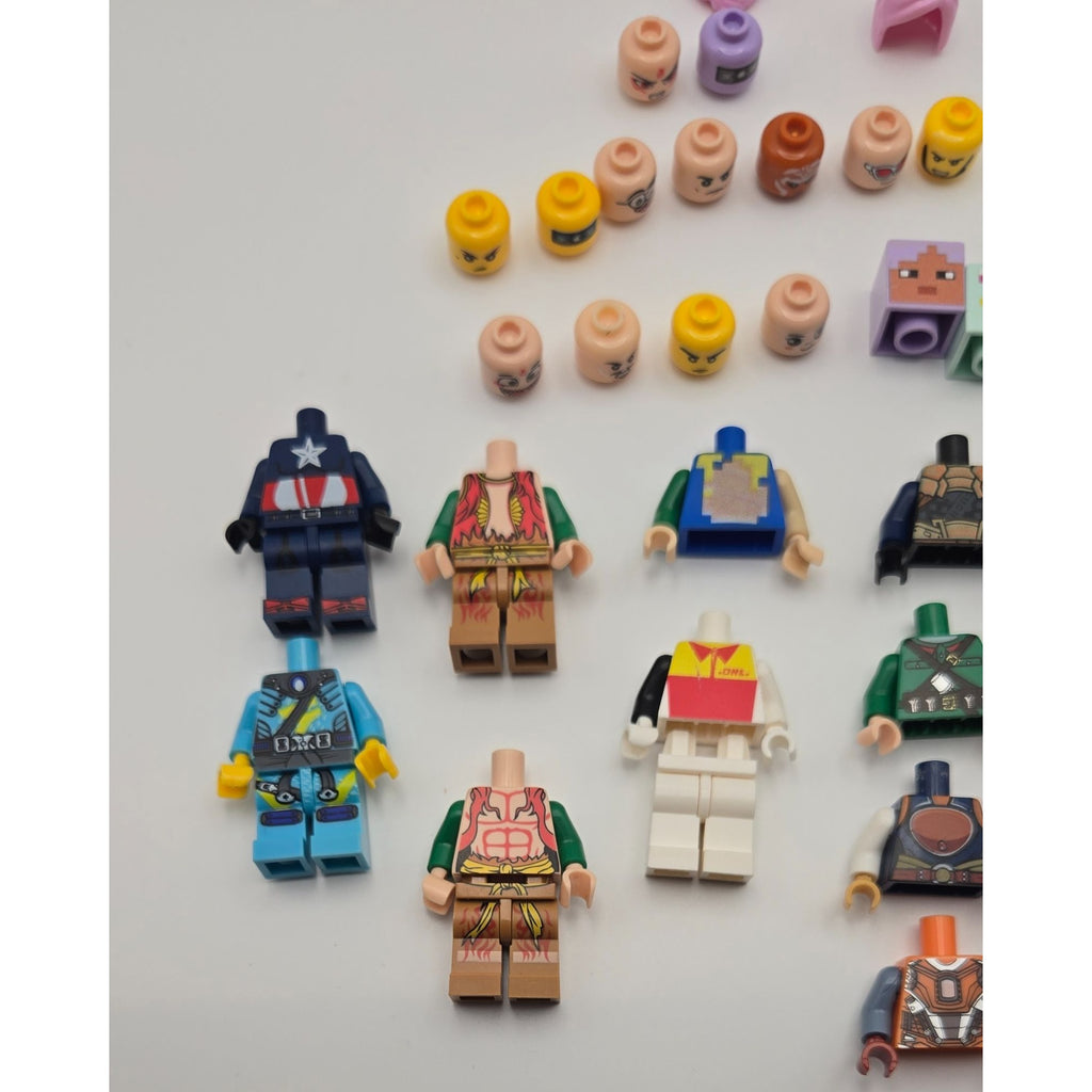 Assorted Lego Minifigure Parts & Accessories Lot - Heads Torsos Legs Hair & Weapons 30+