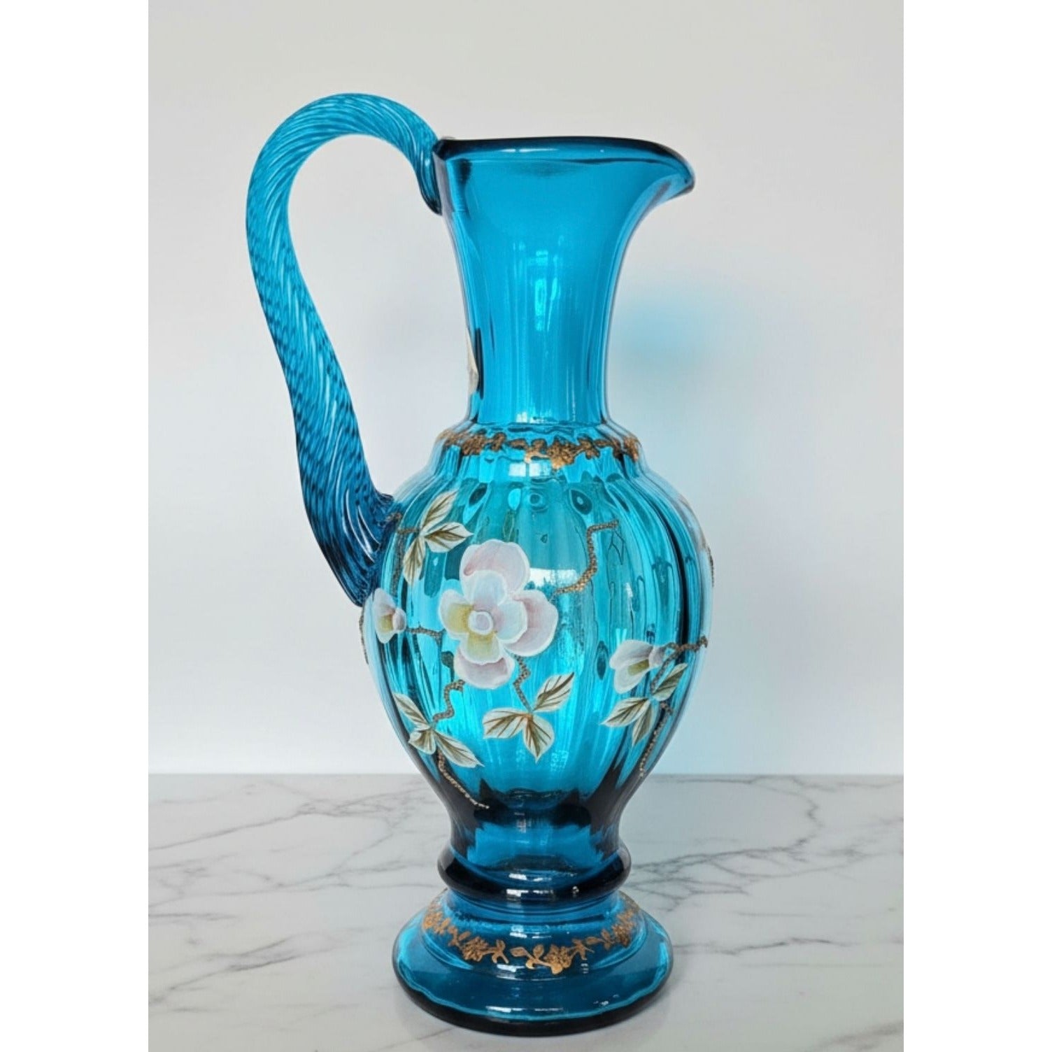 Fenton New Century Bill Fenton Pitcher Hand Painted Florals, Teal, Aqua, Excellent 9.5"