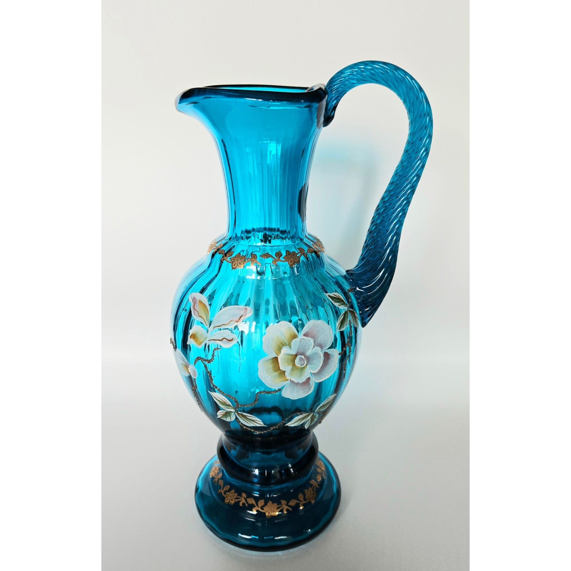 Fenton New Century Bill Fenton Pitcher Hand Painted Florals, Teal, Aqua, Excellent 9.5"