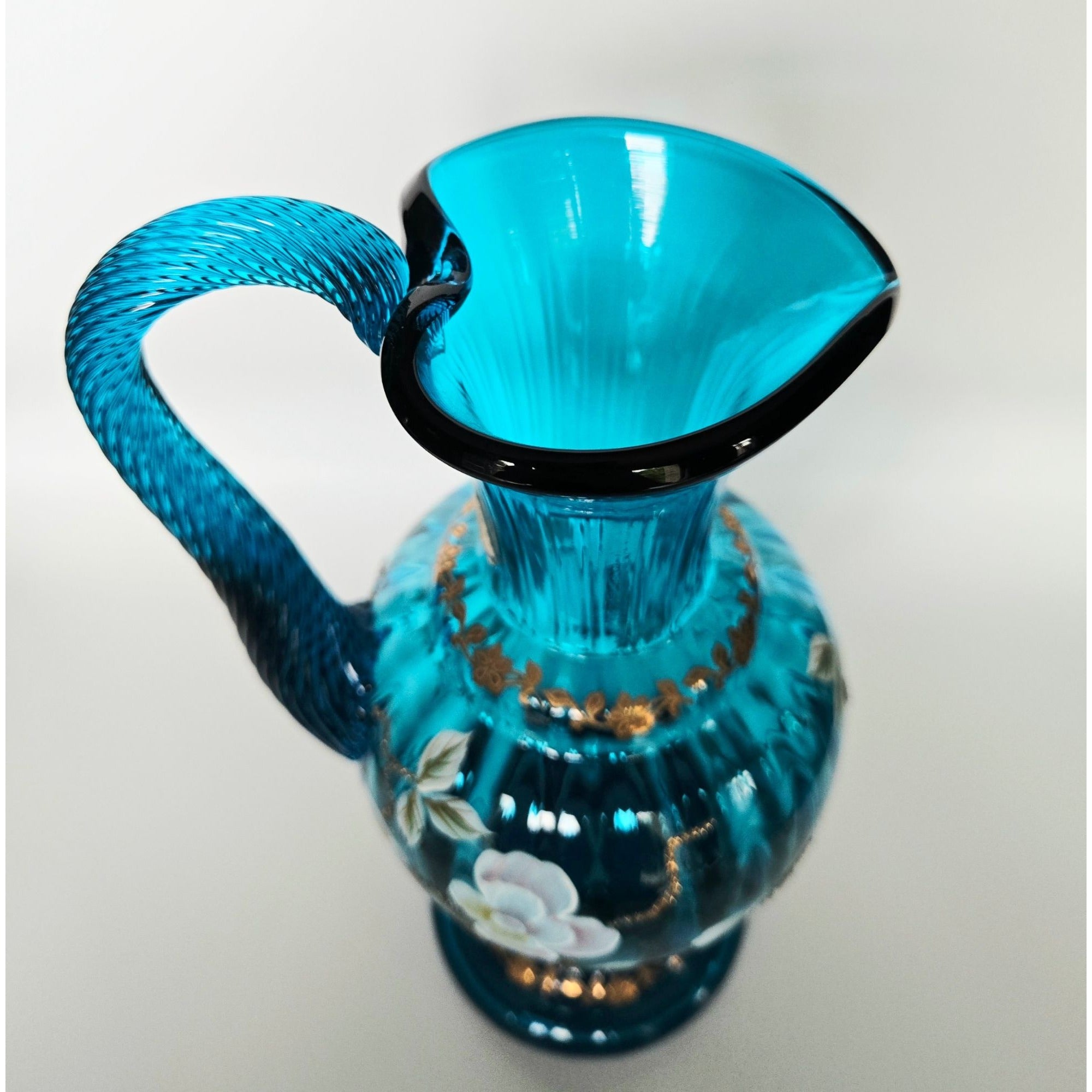Fenton New Century Bill Fenton Pitcher Hand Painted Florals, Teal, Aqua, Excellent 9.5"