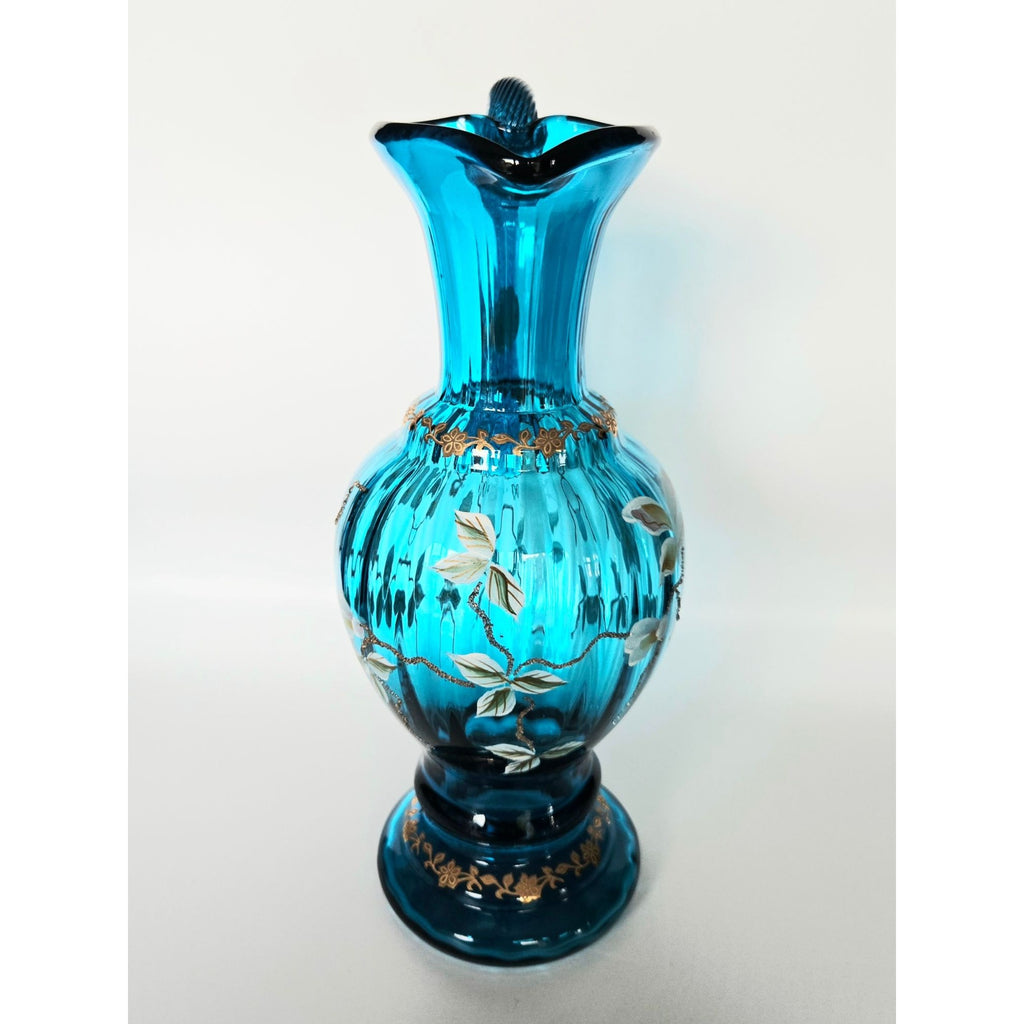 Fenton New Century Bill Fenton Pitcher Hand Painted Florals, Teal, Aqua, Excellent 9.5"
