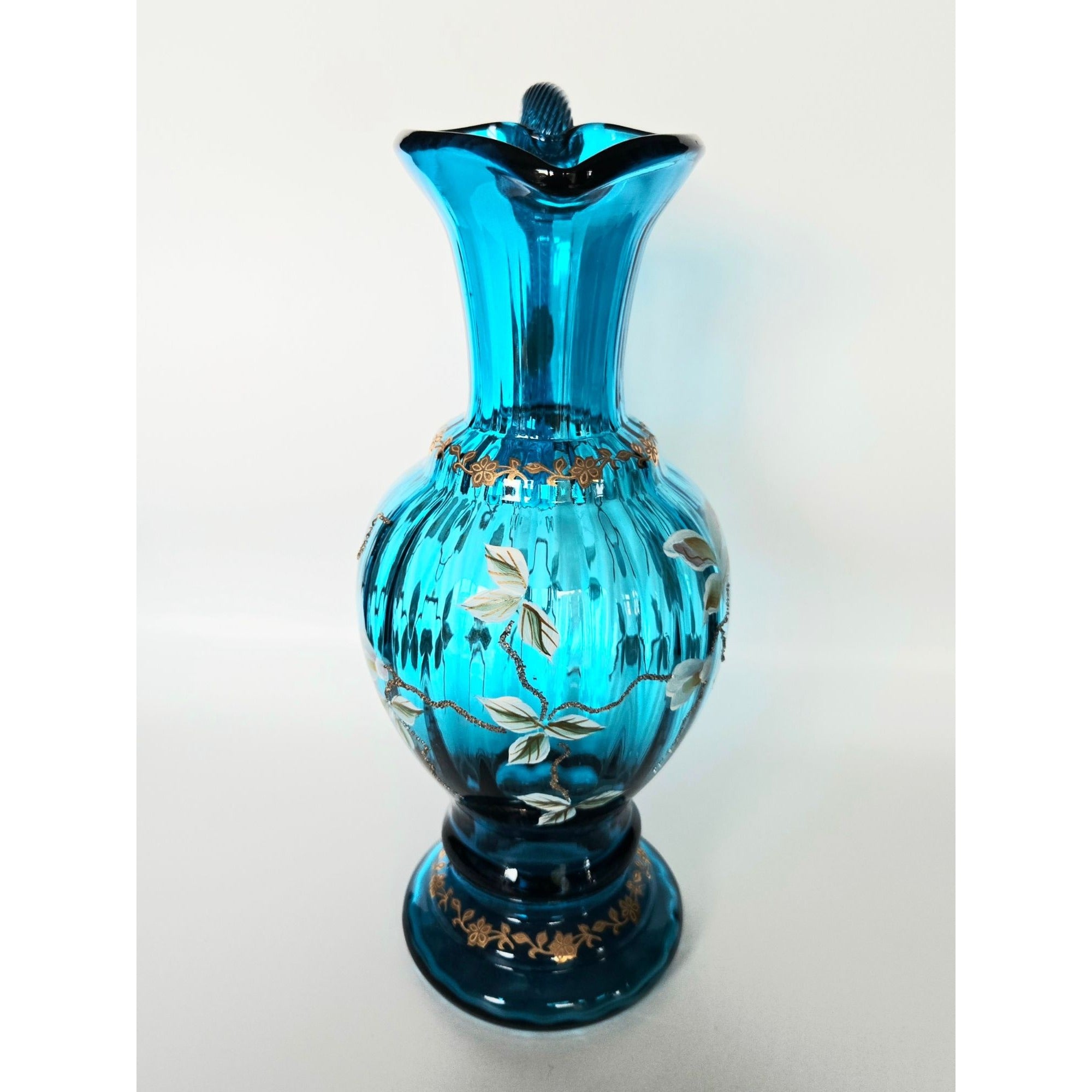 Fenton New Century Bill Fenton Pitcher Hand Painted Florals, Teal, Aqua, Excellent 9.5"